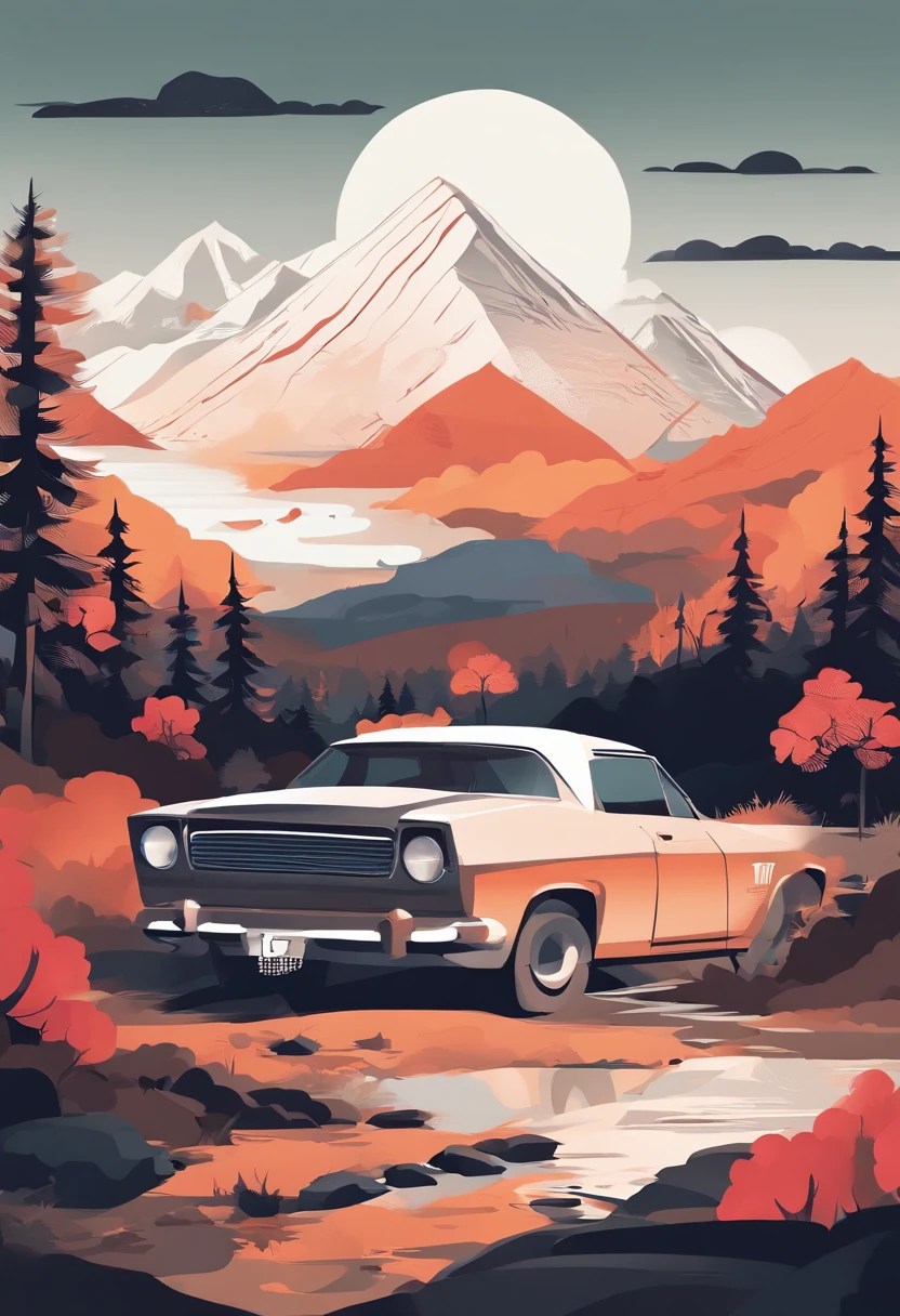 There is a car in the mountains,(Car :1.5) An old couple stood on it and looked into the distance,Masterpiece,Best quality,,Tang Guo,En plein air,Mountain