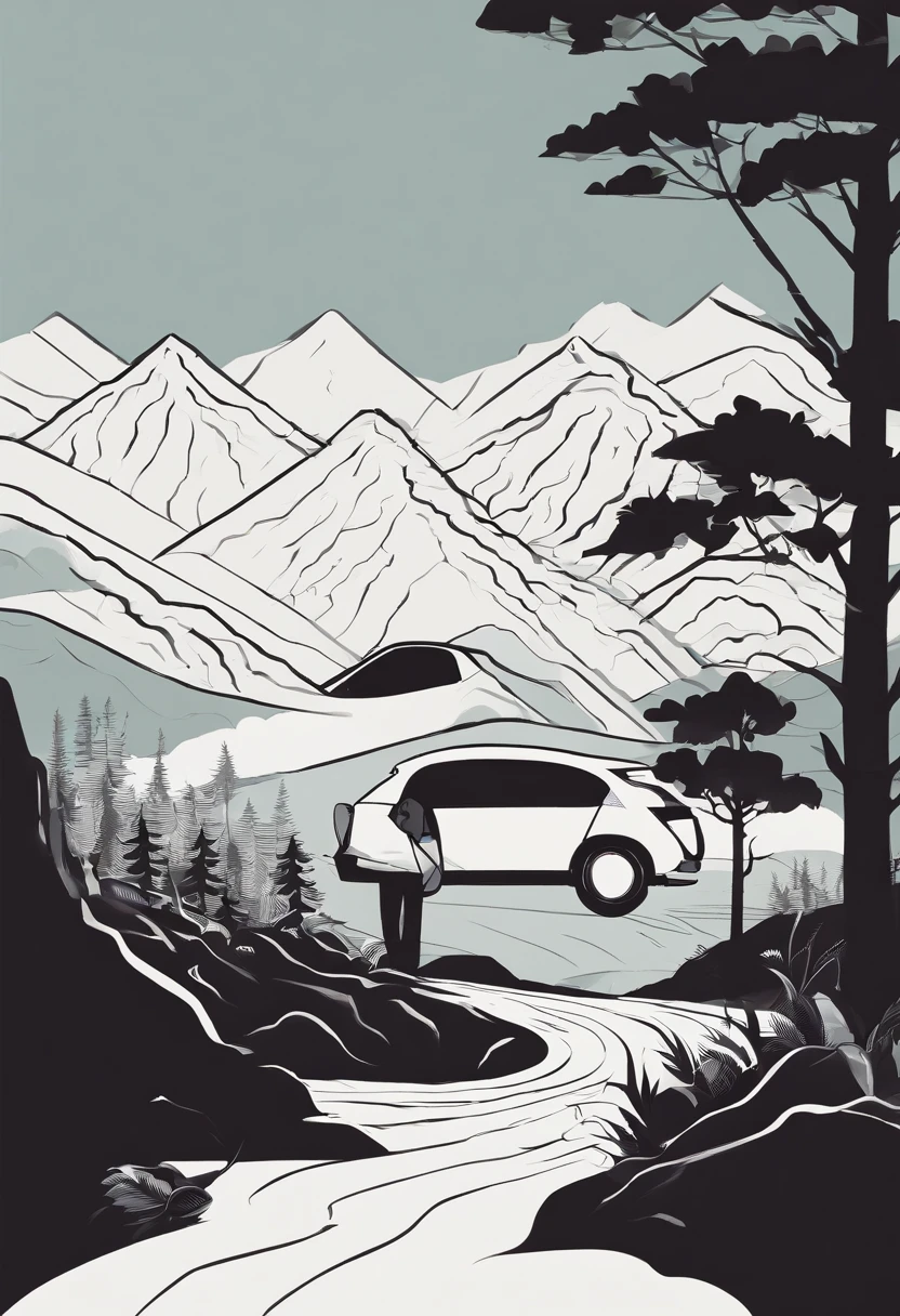 There is a car in the mountains,(Car :1.5) An old couple stood on it and looked into the distance,Masterpiece,Best quality,,Tang Guo,En plein air,Mountain