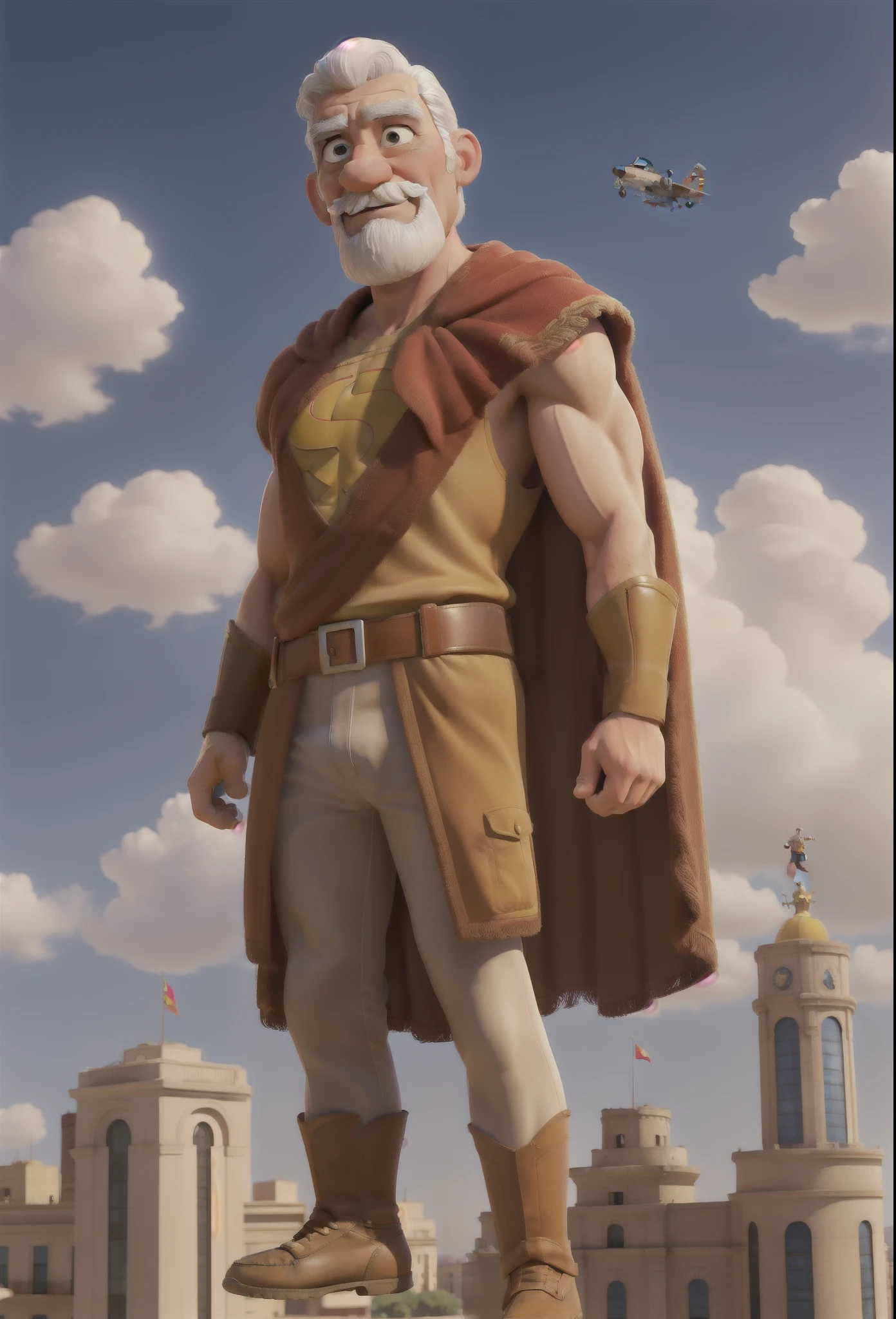 a man, superhero, flying, muscular, old man, almost bald, white hair, mustache, brown eyes, Spanish flag cape, red and yellow superhero costume, Madrid Spain, El Generalisimo title, military aircraft, skyscraper, clear sky , Spanish flag,