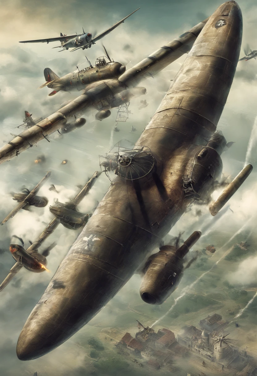 best quality, highres, realistic, detailed zeppelin and landscape, vintage war photography style, dramatic lighting, war-torn background, black and white, captured moment, intense atmosphere, billowing smoke, soldiers on the ground, aerial view, historical accuracy, precise details, smoke-filled skies, epic scale, war machinery, industrial aesthetics, brave pilots, ominous clouds, sense of urgency, vintage warplanes, metal framework, militaristic, long shadows, commanding presence