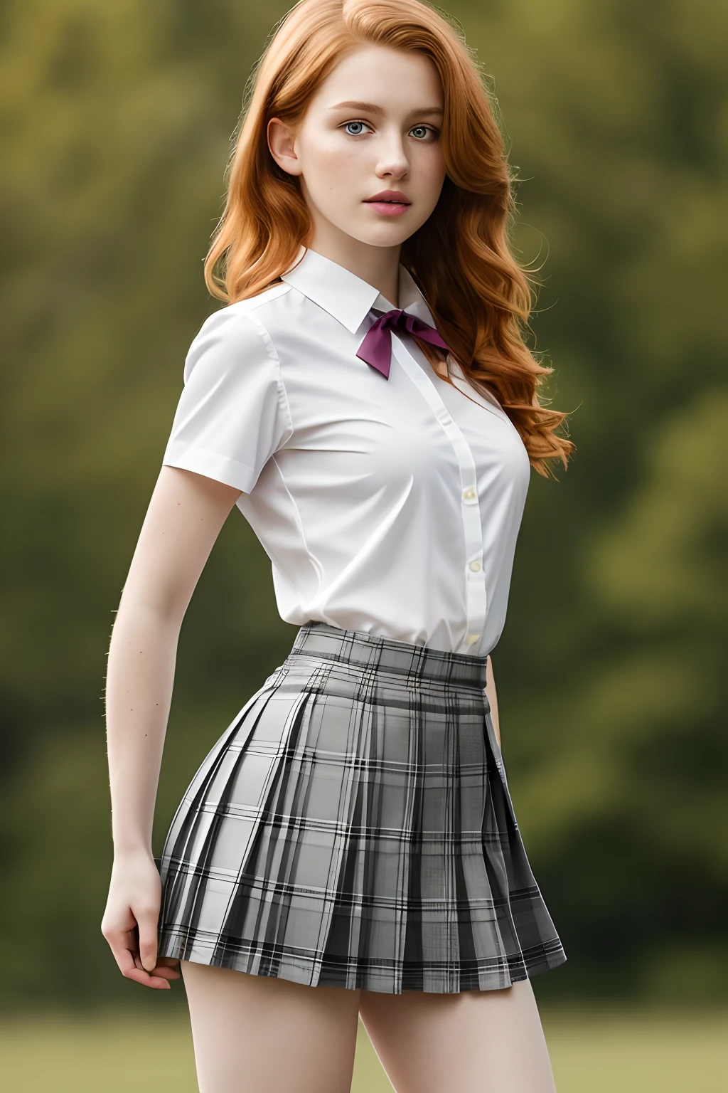 1girl in, 19, Solo, Aesthetic artwork, irish redhead, wavy ginger hair, shoulder length ginger hair, gray eyes, light grey eyes, some small freckles, pale skin, A-cup, small breasts, runners body, fullbody shot, (textured skin, skin pores:1.1), (moles:0.8), imperfect skin, goosebumps, (Pose with buttocks facing you, ultra short skirt, ass, shirt, beautiful nature location, around flower location, (detailed background), plaid skirt, white shirt, Show a little chest through the shirt, loafers, blurry background, blurry, holding, plaid, short sleeves, jk ribbon on the neck, jk ribbon, water, school uniform, jewelry, parted lips, lips, from side, pleated skirt, depth of field, (extremely detailed 8k wallpaper), soft lighting, high quality, film grain, Fujifilm XT3 sharp focus, f 5.6, 50mm, High Detail, Sharp focus,(natural light), (seductive), Realistic, ultra realistic, photo realistic, crazy details, complex details, hyper detailed,