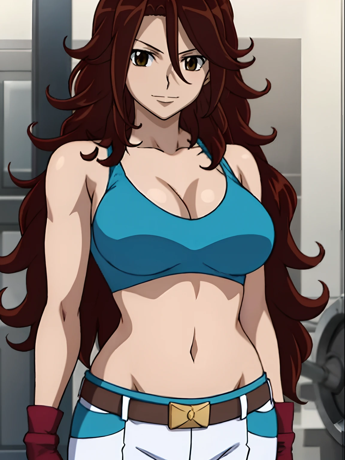 ((solo)), Best Quality, hires, curvy midsection, strong woman, female wrestler, smile, happy), upper body only, anime style: 1.8, anime drawing, ultra detailed face, ultra detailed body, 4k, Sumergai Lee Noriega, (standing), best quality, anime style, hires, highest definition, digital blending, bold drawing lines, (((White Background))), ( pro female wrestler, long attractive belly, slim body, (strong arm muscles), broad shoulders , off-shoulders, closed fists, (very curvy: 2.8)), (blouse, shorts, white gloves, arm band, arm band, (champion belt))), (pale skin, big breasts, closed mouth), (big eyes, brown eyes, shiny eyes), (reddish hair, loose hair, curly hair, wavy hair, long hair, missy hair), 27 years old