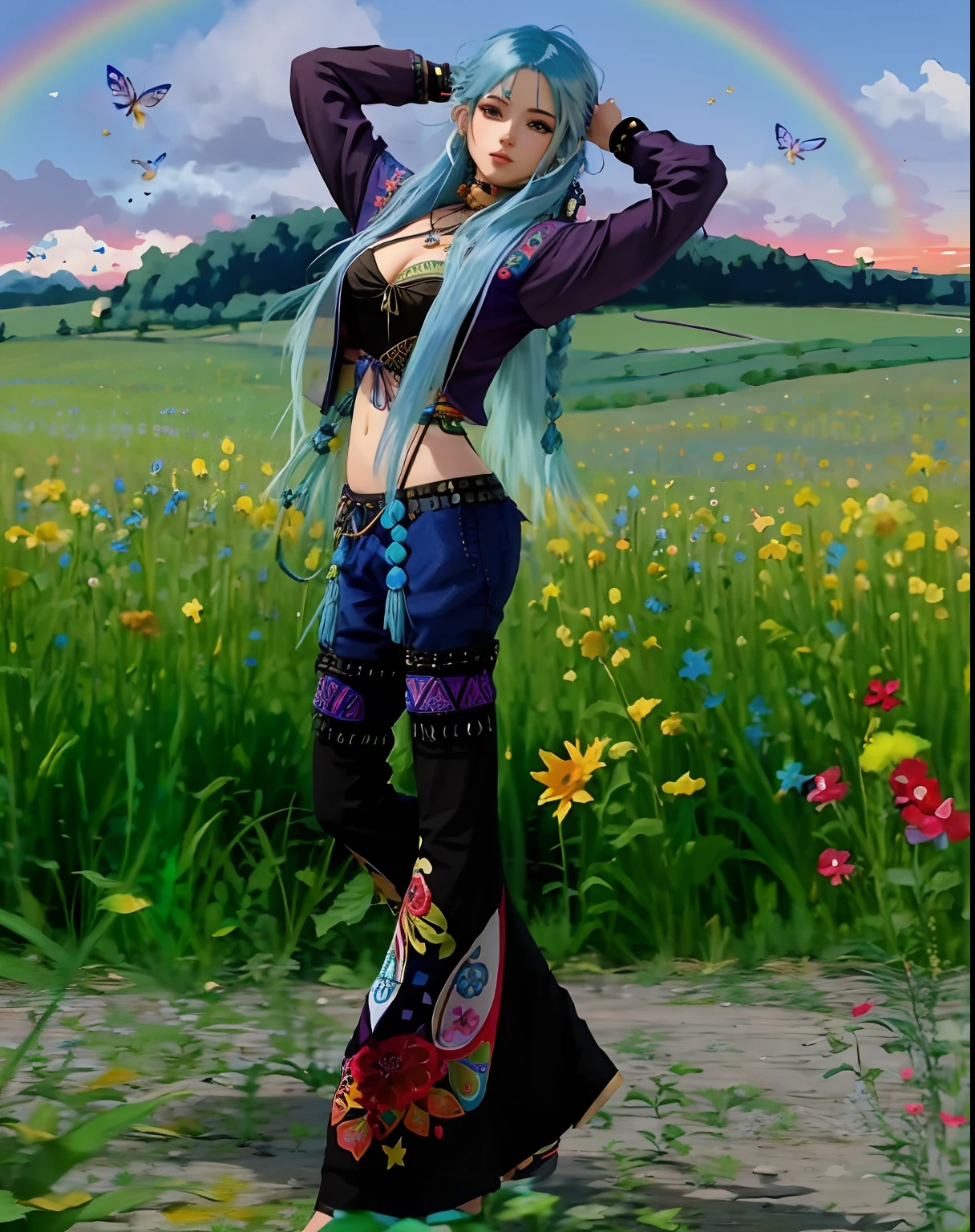 arafed woman with blue hair and a purse standing in a field, full body:: sunny weather::, boho chic | | very anime!!!, second life avatar, hippie girl, inspired by Shukei Sesson, hot summertime hippie, hippie, fashion pose, hippie fashion, imvu, digital art!!, spellcasting pose, inspired by Ren Renfa
