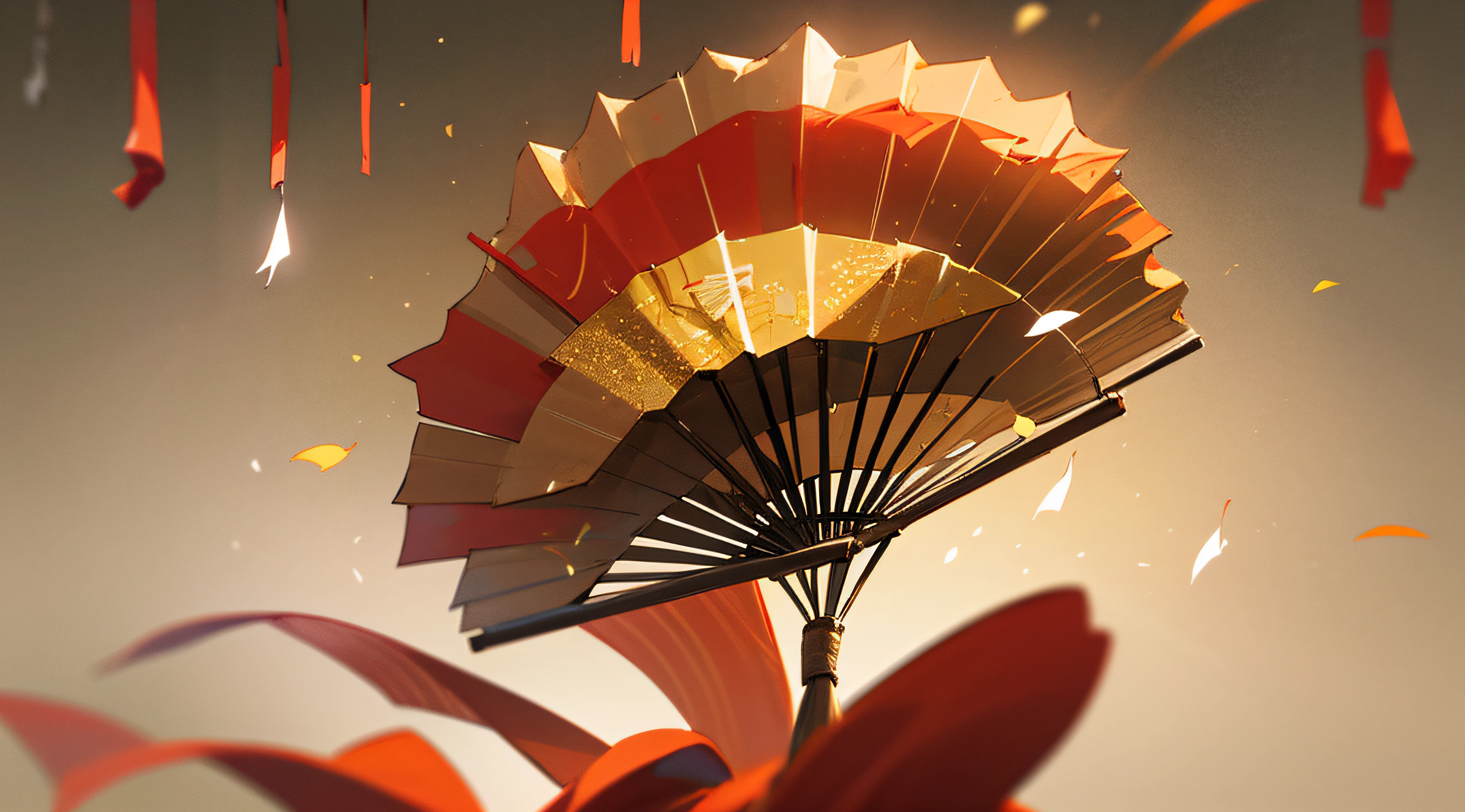 Happy Chinese New Year. Hanging shine lantern, Oriental Asian style paper fans. Traditional Holiday Lunar New Year. Beige background realistic fan flowers craft party decoration. Gold glitter confetti