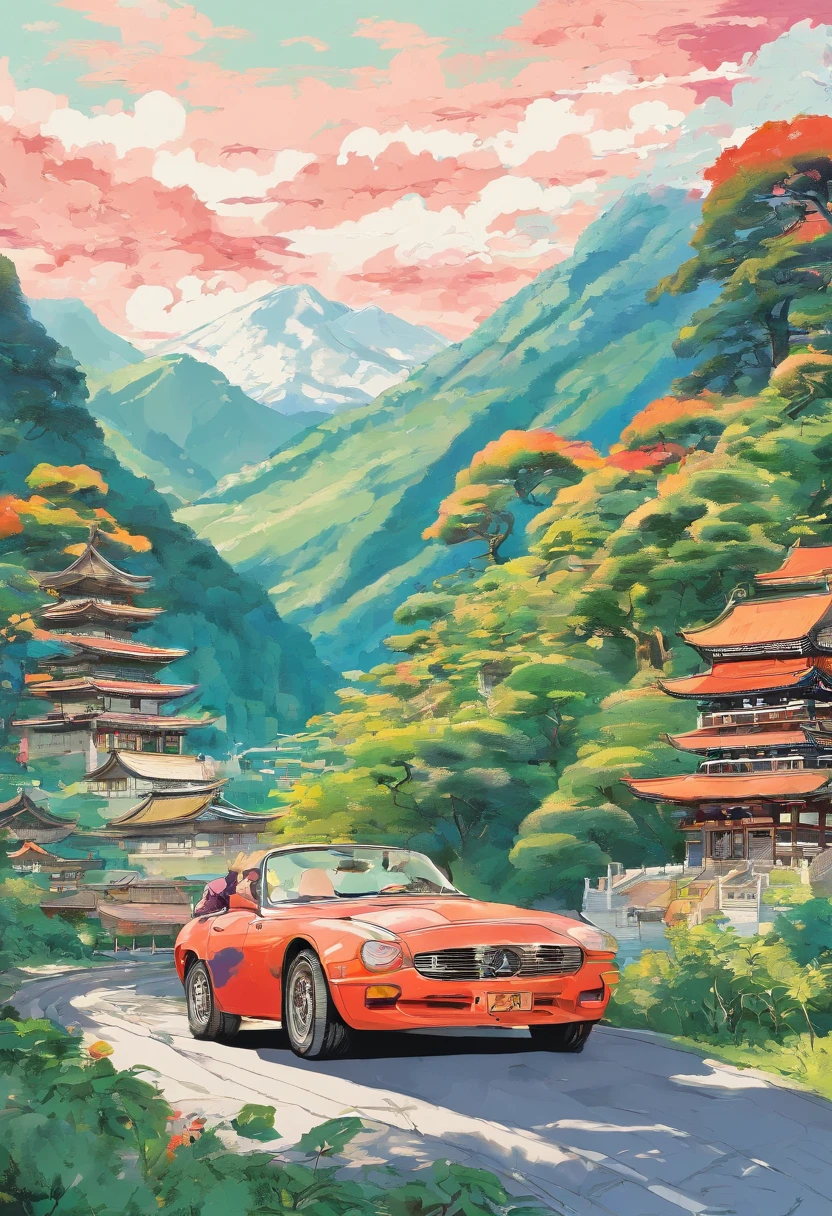 There are cars in the mountains,(Car :1.5) An elderly couple stood on it，looking at the distance,Masterpiece,Best quality,,Tang Guo,En plein air,Mountain