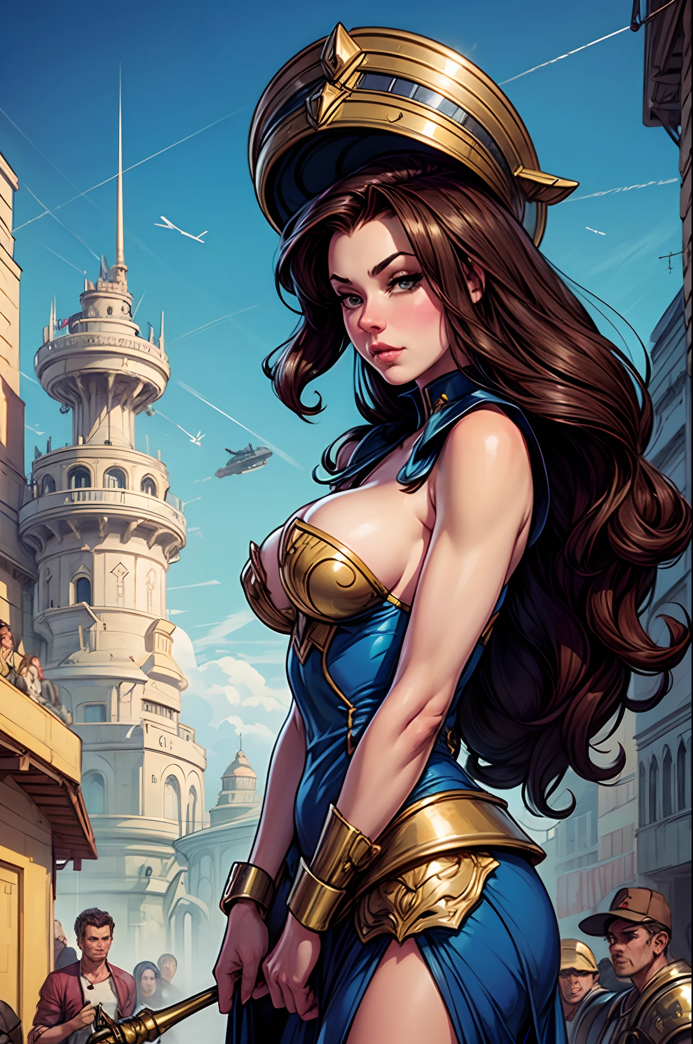 there is a woman in a futuristic dress standing in front of a bunch of people, large dieselpunk flying airships, dribbble, inspired by Gil Elvgren, fantasy paladin woman, inspired by Mark Brooks, [ bubbles, portrait of helen of troy, sci - fi : :, golden armour