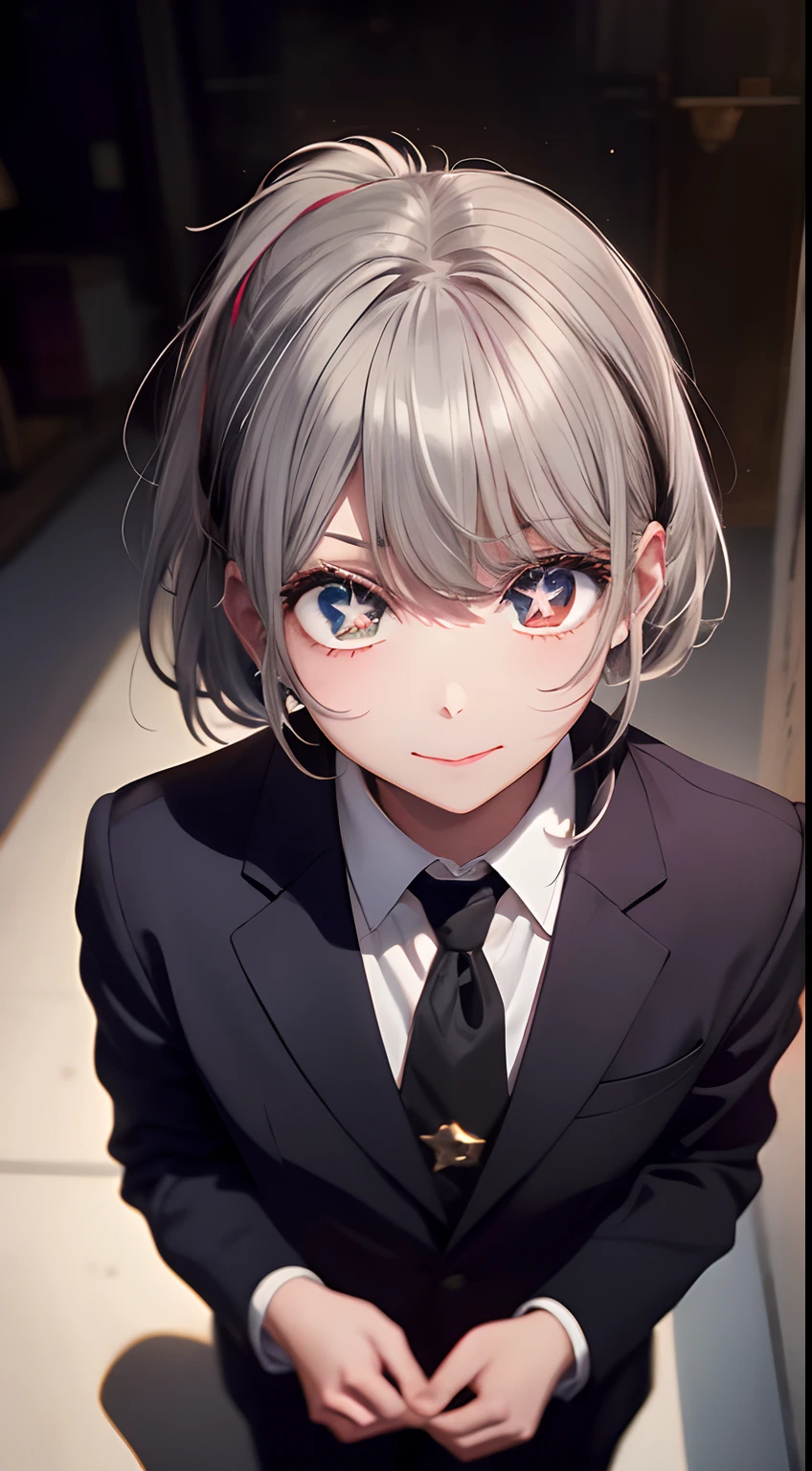 masterpiece、top-quality、Movie stills、One girl、(Split in two:1.3),(Split black silver hair in two:1.2),(a closeup:1.1)、with light glowing、Happiness、A delightful、Soft lighting、(Bauhaus、form、Line、abstracted:1.1)Silver Hair Ponytail Hair、butterflys々、Black long skirt((masterpiece)), deadpan, (((top-quality))), ((illustratio)),
1girl in,, ((独奏)), (详细的脸), (Beautiful details), Bright eye, red eyes, ((dishevled hair)),
A smile、blank stare、sitting on、((Facing to the side))、
Tie Hair Band、Black transparent skirt、Mystical、Star-shaped glowing eyes、Luminous Eye
Light background、write、
(magazine:1.1), (cover-style:1.1), Fashionable, femele, with a vibrant, outfits, the pose, the front, Colorful, Dynamic, Background with, element, I'm confident, expresive, ngel, statement, accessorized, An majestic, coiled, surroundings, Touch, The scene, Texto, covers, It's bold, captures the attention, Titles, Stylish, Catchy, headline, The large, Impressive, moderno, Trendy, Focus, lo fashion,Silver hair short hair、Silver hair short hair, (Wearing a formal suit:1.3)1girl in, full body Esbian, cowboy shot, (Rembrandt), illustratio, (masterpiece), (Top image quality), (Ultras_Detailed), finely detail, (depth of fields), gloves, tongue-out, tongue, stele \(Symbols\), see the beholder, (Light silver hair:1.2), (Star-shaped eyes:1.5),Redeye, The upper part of the body, hair adornments, , Shirt, A smile, The shirt, Idol, symbol-shaped pupils, bangss, One side up, star-shaped pupils, dress pull, Roaring 20s, isometric、From above、Silver Hair Ponytail Hair, Wearing a suit、Luminescent eyes、Star-shaped glowing eyes、Crisp eyes、Look at me from the front、formal suit、eyes glowing red、Star-shaped eyes、piece sign,Split hair in two、A dark-haired、silber hair、Left semi-silver hair、Right half black hair((Half silver and half black hair:1.4))