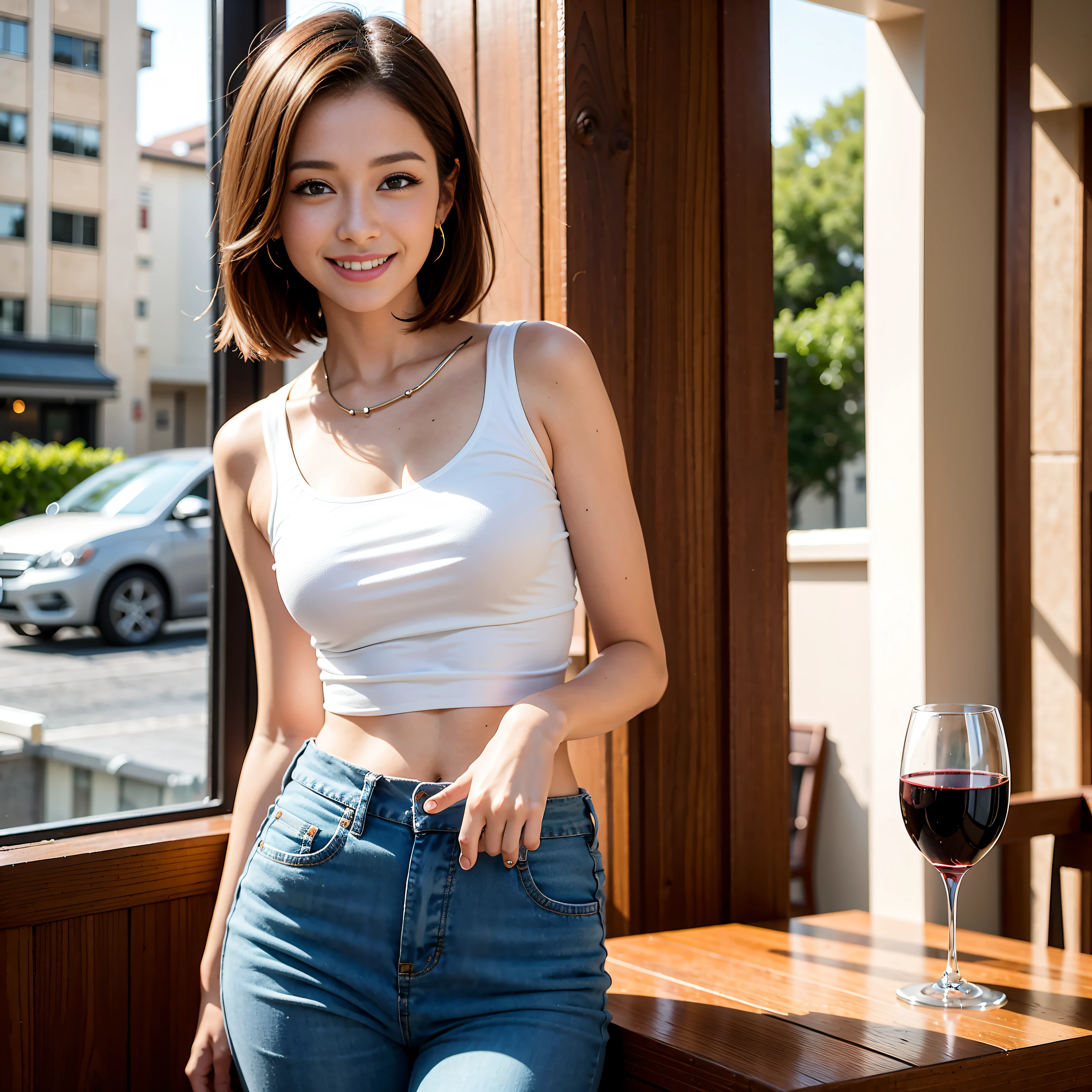 (64K, UHD, top quality, masterpiece: 1.2), (realistic, photorealistic: 1.37), super detailed, pretty woman 1 person, (slim face), (slim body), (brown hair), (short cut), cheeks slightly blushing, (35 years old), 38 years old, solo, beautiful detailed urban night view outside the window, restaurant, wine glasses sit, at night, in a prominent place (from the waist up) NovaFrogStyle, Actress, Model, Waist Up, White Wine, Slim, Wine Glass, Super Clean Night View, Wine Glass Put in the Middle, Happy Smile, (Smile: 1.15), Beautiful Fine Eyes, Upper Body, Bust Japan Up, Night, Short, Short, Actress, Model, Waist Up, White Wine, Slim, Wine Glass, Super Clean Night View, Wine Glass Put in the Middle, Happy Smile,