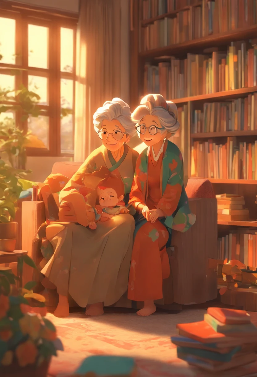 Create an image: Grandma full body illustration, Mother and son family :: Living room bookcase sofa.3d character, Size 4:3, A total of 5 colors, Expressive style. Quality 5, Size 750.