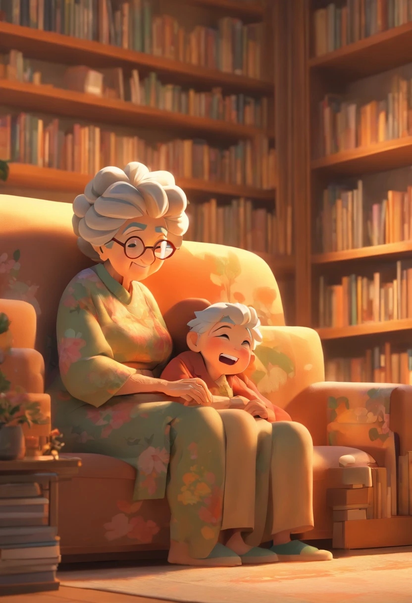 Create an image: Grandma full body illustration, Mother and son family :: Living room bookcase sofa.3d character, Size 4:3, A total of 5 colors, Expressive style. Quality 5, Size 750.