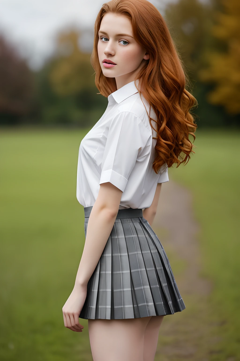 1girl in, age19, Solo, Aesthetic artwork, irish redhead, wavy ginger hair, shoulder length ginger hair, gray eyes, light grey eyes, some small freckles, pale skin, A-cup, small breasts, runners body, fullbody shot, (textured skin, skin pores:1.1), (moles:0.8), imperfect skin, goosebumps, (Pose with back to camera), bending over, ((ultra short skirt)), ass, shirt, beautiful nature location, around flower location, (detailed background), plaid skirt, white shirt, Show a little chest through the shirt, loafers, blurry background, blurry, holding, plaid, short sleeves, jk ribbon on the neck, jk ribbon, water, sluty school girl uniform, jewelry, parted lips, lips, from side, pleated skirt, depth of field, (extremely detailed 8k wallpaper), soft lighting, high quality, film grain, Fujifilm XT3 sharp focus, f 5.6, 50mm, High Detail, Sharp focus,(natural light), (seductive), Realistic, ultra realistic, photo realistic, crazy details, complex details, hyper detailed,