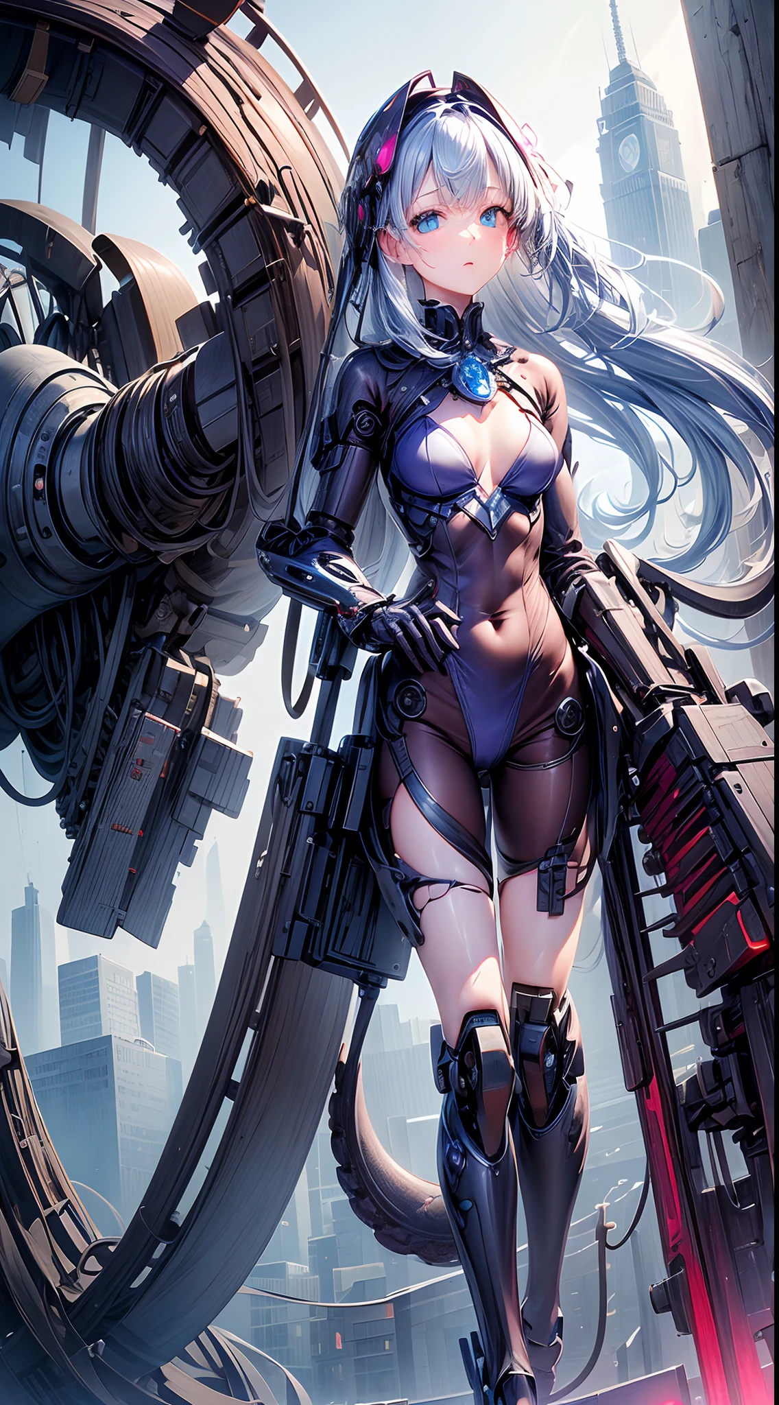 (((masterpiece)))、((top-quality))、(The ultra-detailliert)、(CG Illustration)、(Very Beautiful ))、Cinematic Light、((1 Mechanical Girl))、thing、deadpan、 scientific fiction、Apocalypse、Erotic grotesque、Fusion of machines and tentacles、Ultra-future、Inorganic、research institute、srestrained、(Beautiful and indulgent:1.2)、(1girl in:1.3)、Body wrapped around the tentacles of a machine,Have a machine gun,