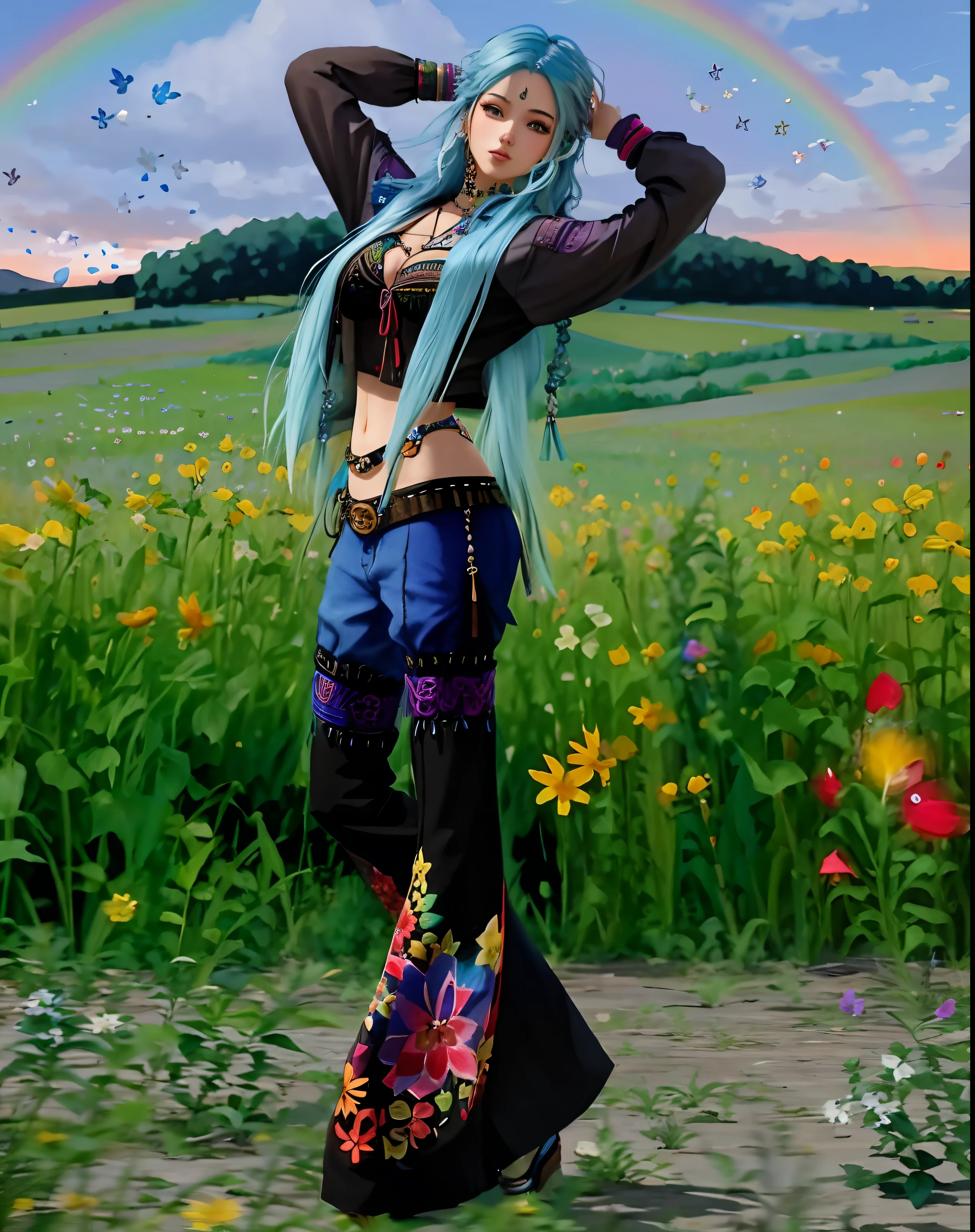 arafed woman with blue hair and a purse standing in a field, full body:: sunny weather::, boho chic | | very anime!!!, second life avatar, hippie girl, inspired by Shukei Sesson, hot summertime hippie, hippie, fashion pose, hippie fashion, imvu, digital art!!, spellcasting pose, inspired by Ren Renfa
