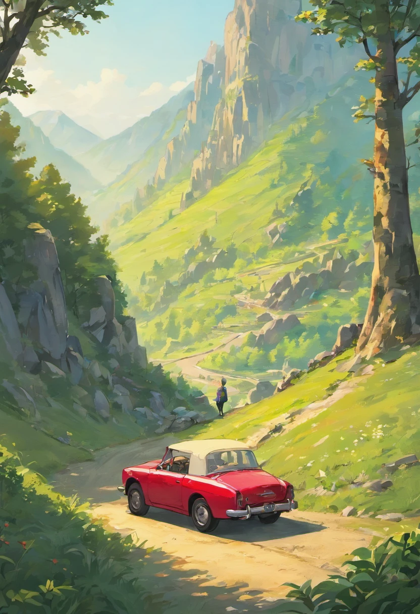 There are cars in the mountains,(Car :1.8) ,(An old couple stands at the top of a hill:1.5),looking at the distance,Masterpiece,Best quality,,Tang Guo,En plein air,Mountain