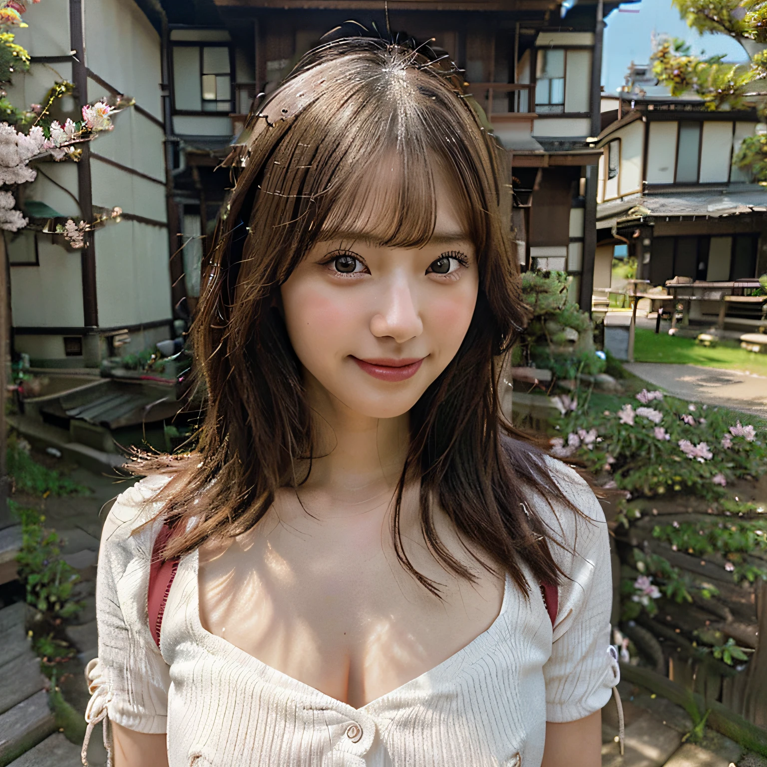(1 Girl )、(Beautiful Japanese、18years old,round face、Refreshing、clear、seems kind、stylish、Pitiful、cute like an angel、cute、black eyes、,actress,Almond-shaped eyes,Translucent white skin、Beautiful skin), Good style , (((Beautiful big breasts:0.8))),(((soft breasts))),(very cute),(Black hair),(enchanting eyes),(highlight on eyes:1.2)、(8K、Live shooting、highest quality、masterpiece:1.2、optimal lighting)、((masterpiece)),(Photo taken by a professional photographer),(real、photo real:1.4),break,{ (traditional Japanese Yukata),((pink pattern))},(cheeks are red:1.3), break, break,Face shot:1.3、 face close-up,Looking at viewer、(Cleavage:0.5)、From above,happy smile face:1.4,,Japan rice fields,evening、Japanese countryside,evening