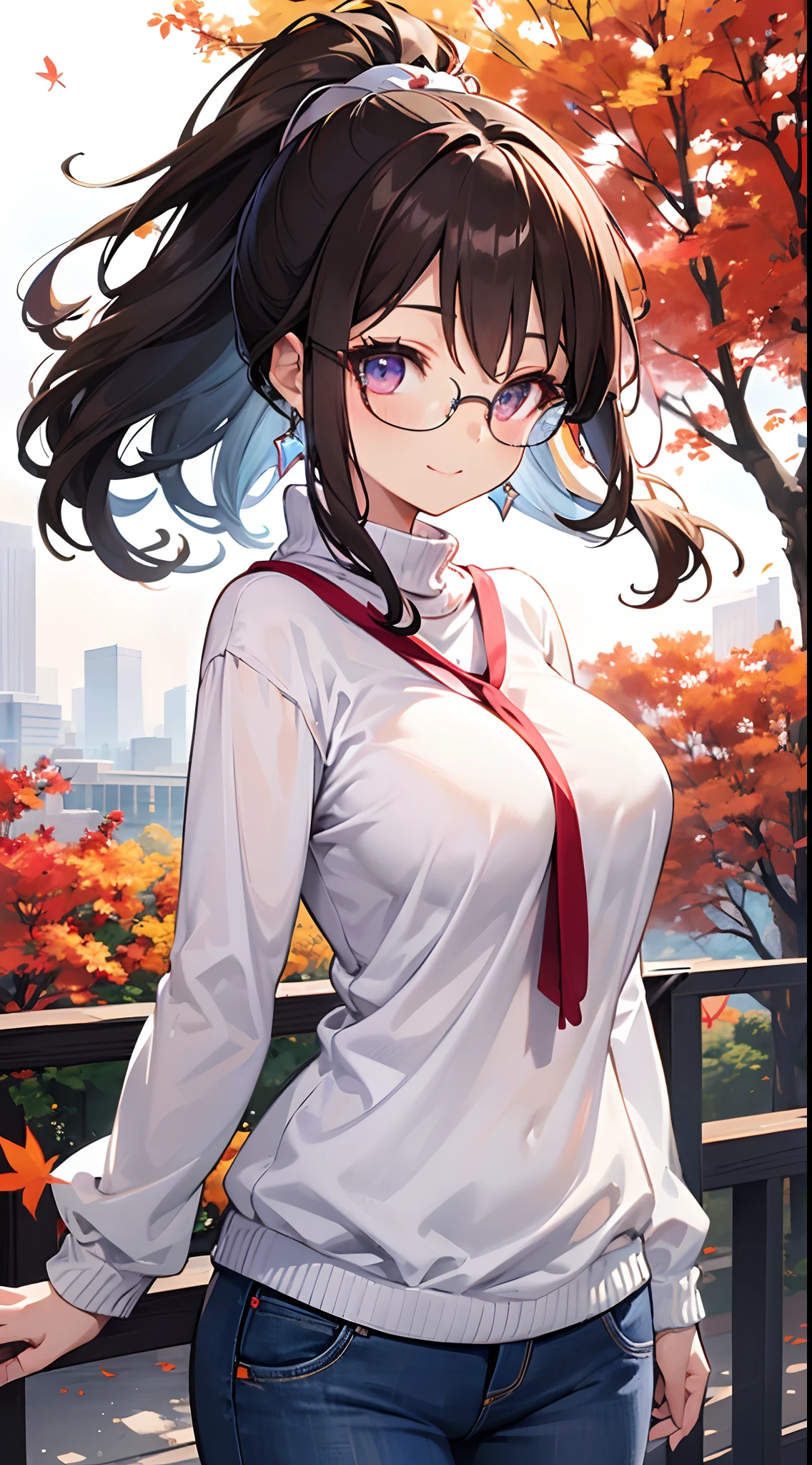 ((masutepiece)), ((Best Quality)), (Ultra-detailed), ((kawaii)), Cute, (lovely), ((Sexy)), (Ero), ((Extremely detailed)), 4K, (8K), Best Quality, (Beautiful), Anime style, Upper body, full body focus, Autumn, Cute little girl s, 1girl in, Solo, Sweaters, jeans, Beautiful dark brown hair, Beautiful purple eyes, ((Beautiful eyes with highlights )), White-skinned, Ponytail, Transparent hair, translucent hair, large full breasts, Glasses, earrings, Smile, Wind-effect, reflection effect