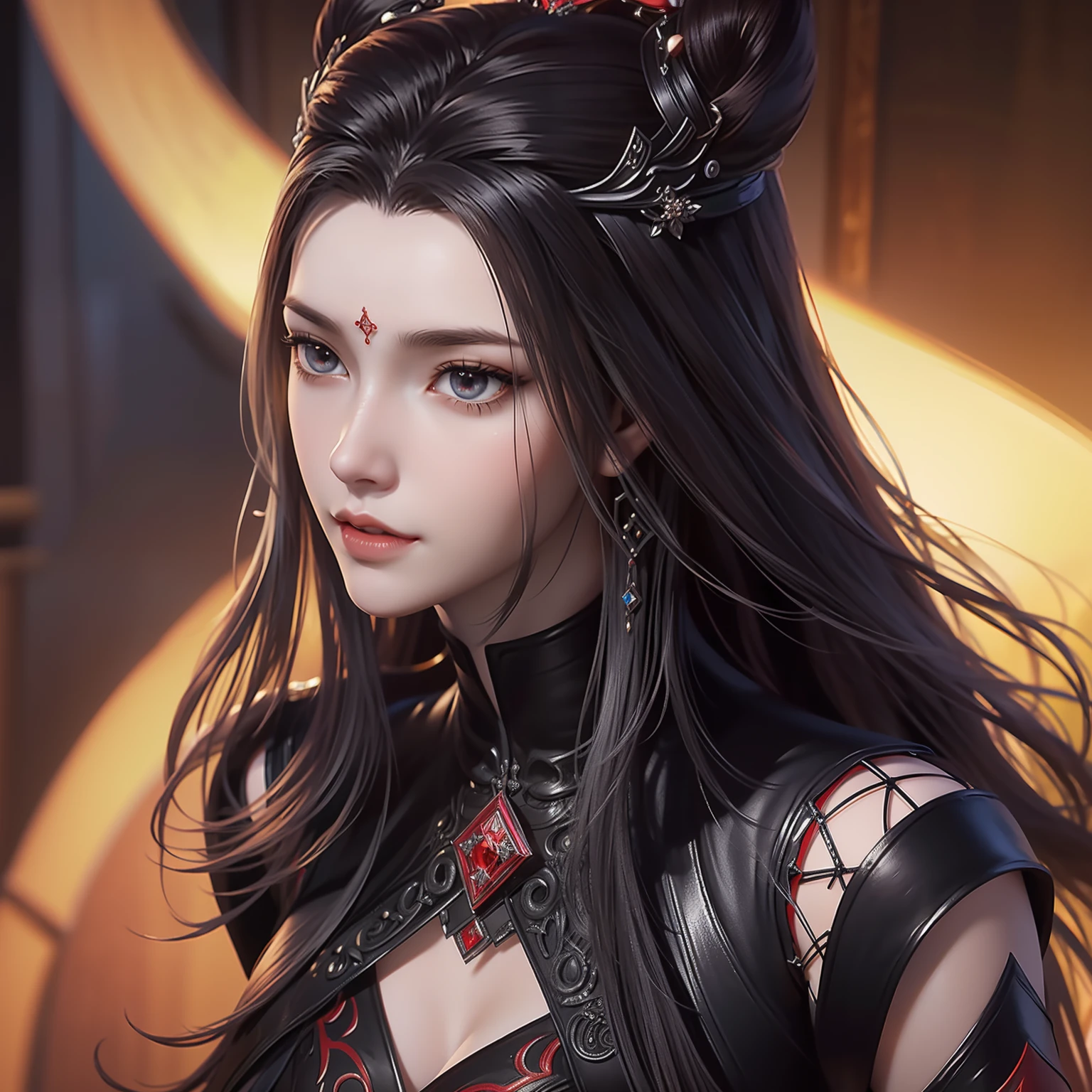 a close up of a woman in a black and red outfit, a beautiful fantasy empress, ((a beautiful fantasy empress)), xianxia fantasy, by Yang J, full body xianxia, game cg, fantasy art style, inspired by Li Mei-shu, xision wu, loong, beautiful elegant demon queen, yun ling, digital fantasy art ) UHD, retina, masterpiece, ccurate, anatomically correct, textured skin, super detail, high quality, award winning, best quality, highres, HD, 16k