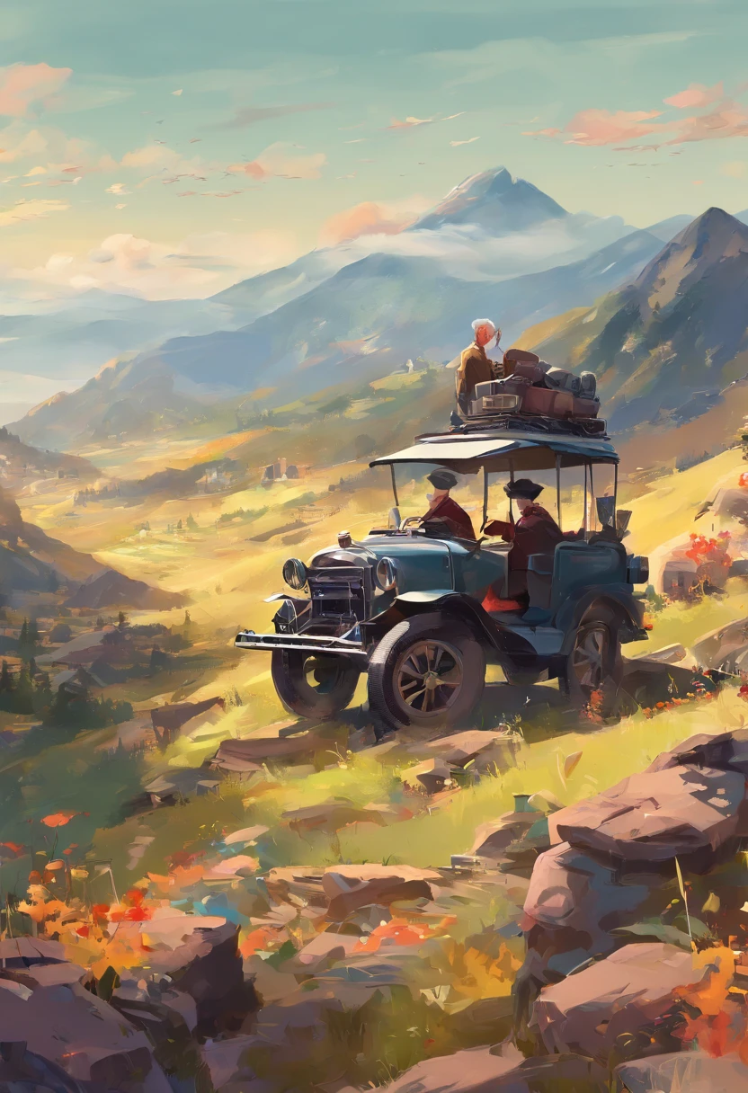 There are cars in the mountains,(Car :1.8) ,(An old couple stands at the top of a hill:1.5),looking at the distance,Masterpiece,Best quality,,Tang Guo,En plein air,Mountain