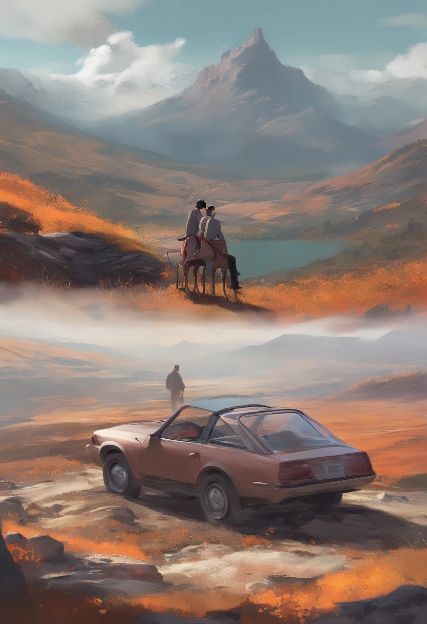 There are cars in the mountains,(Car :1.8) ，（An old couple stands at the top of a hill：1.5），looking at the distance,Masterpiece,Best quality,,Tang Guo,En plein air,Mountain
