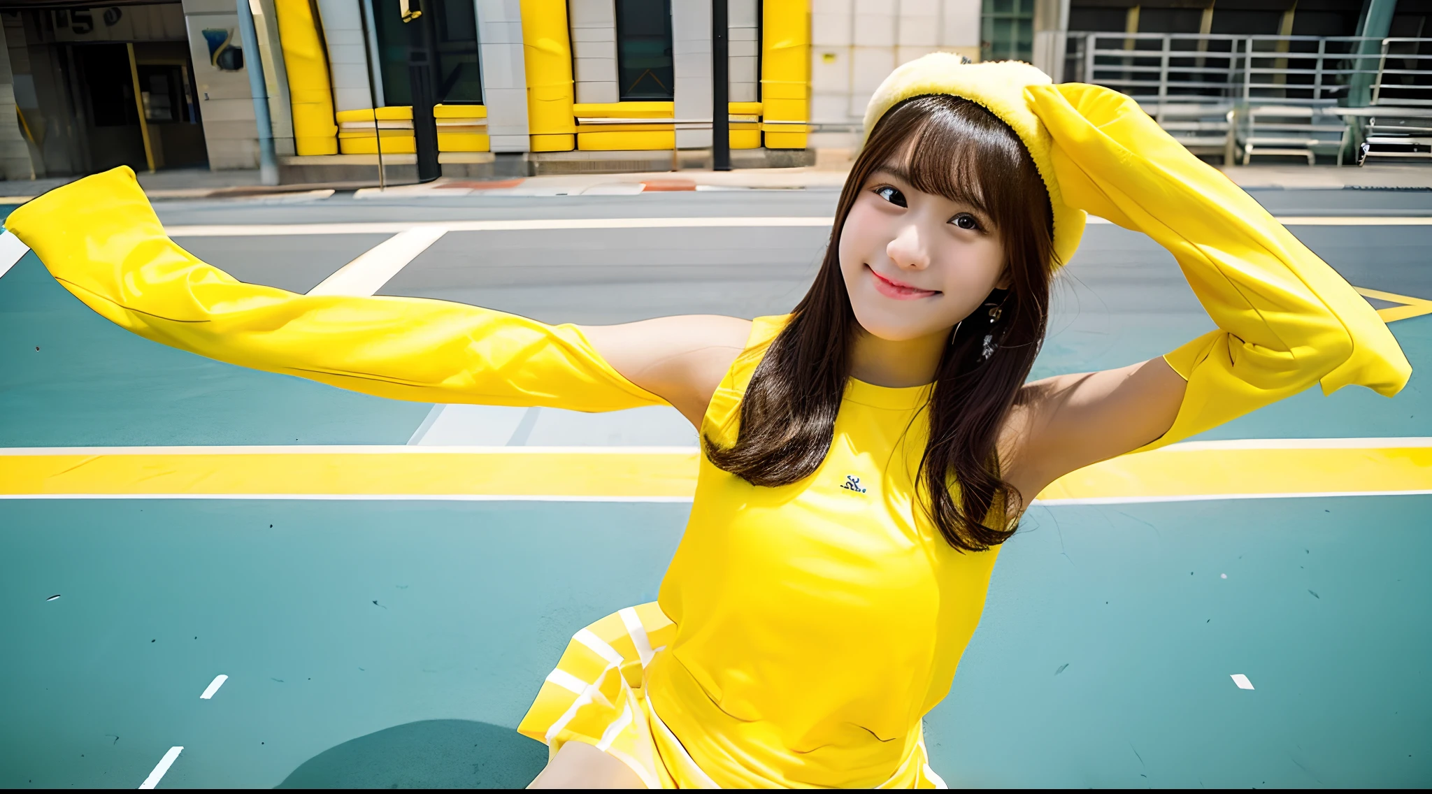 18-year-old cheergirl in yellow miniskirt(F-cup)