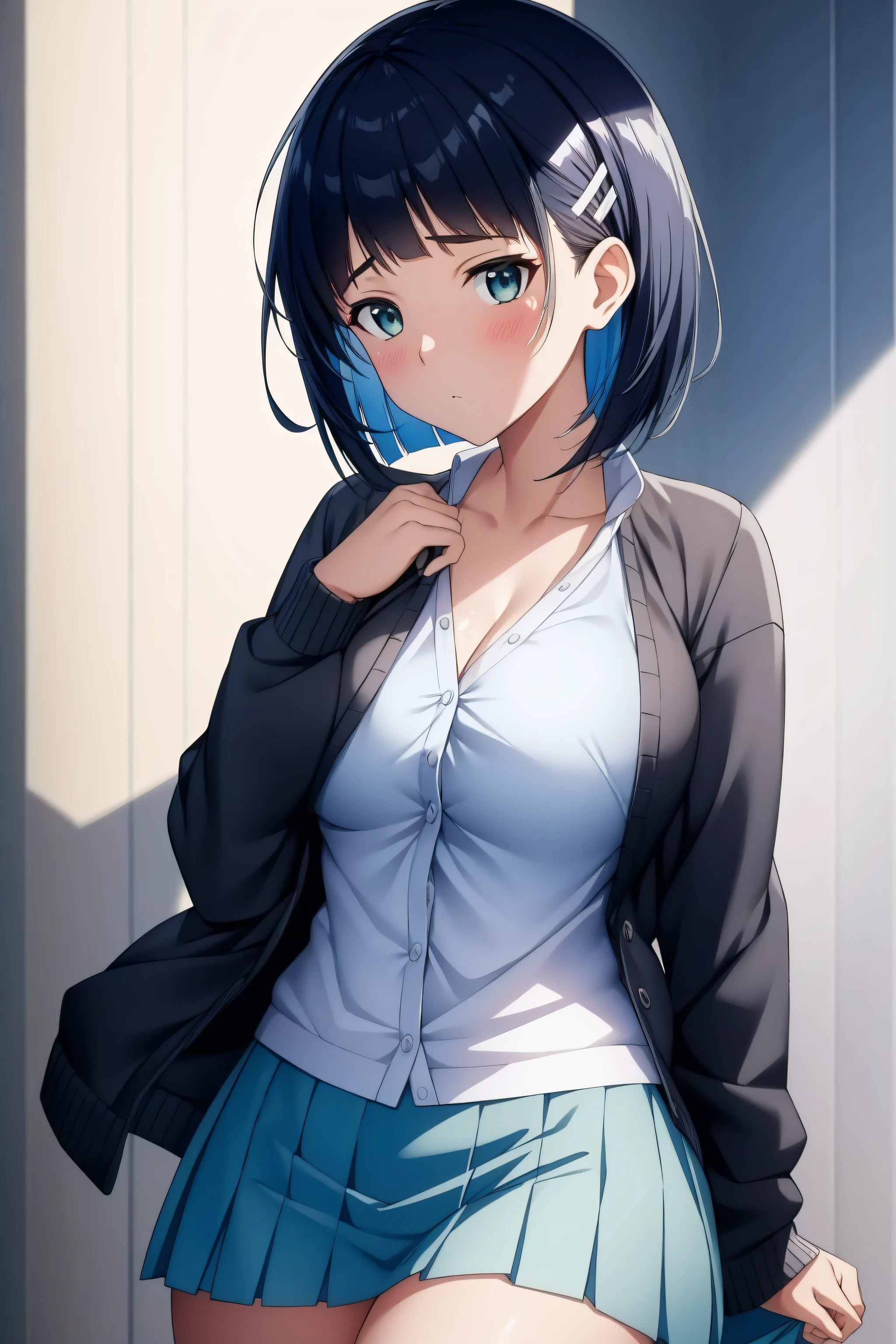 (day:1.7), sky background,a blue sky and clouds,
standing at attention,
green skirt, open cardigan, black cardigan,
aasugu, short hair, hairclip,
1 girl, 20yo,mature female,Beautiful Finger,Beautiful long legs,Beautiful body,Beautiful Nose,Beautiful character design, perfect eyes, perfect face,
armpits, looking at viewer, arm up, (innocent_big_eyes:1.0),(expressionless:1.3),
NSFW,official art,extremely detailed CG unity 8k wallpaper, perfect lighting,Colorful, Bright_Front_face_Lighting,
(masterpiece:1.0),(best_quality:1.0), ultra high res,4K,ultra-detailed,
photography, 8K, HDR, highres, absurdres:1.2, Kodak portra 400, film grain, blurry background, bokeh:1.2, lens flare, (vibrant_color:1.2)
(Beautiful,medium_Breasts:1.4), (beautiful_face:1.5),(narrow_waist),(perfect hands, perfect anatomy),