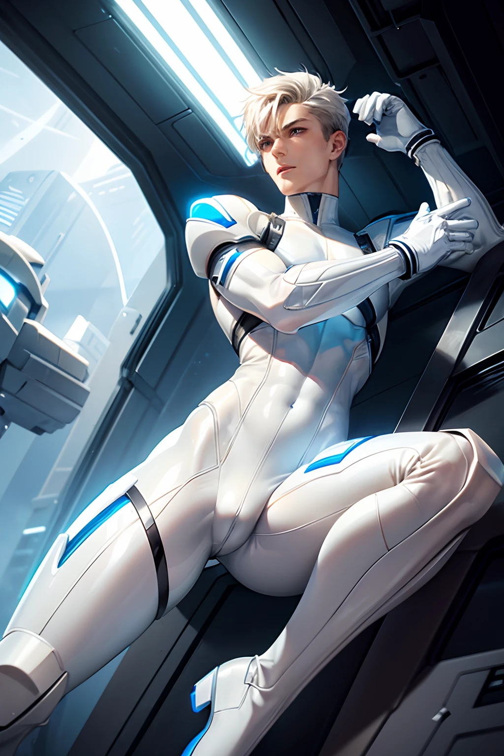 (White tight body suit), masterpiece, futuristic suit, gloves, white gloves, skin tight bodysuit, toned male, ager, young male, beautiful face, bodysuit, (futuristic), (sci fi suit), toned male, bulge, shoulder guard, neck guard, blue eyes, tight white gloves, white skin, boots, armour, futuristic mask