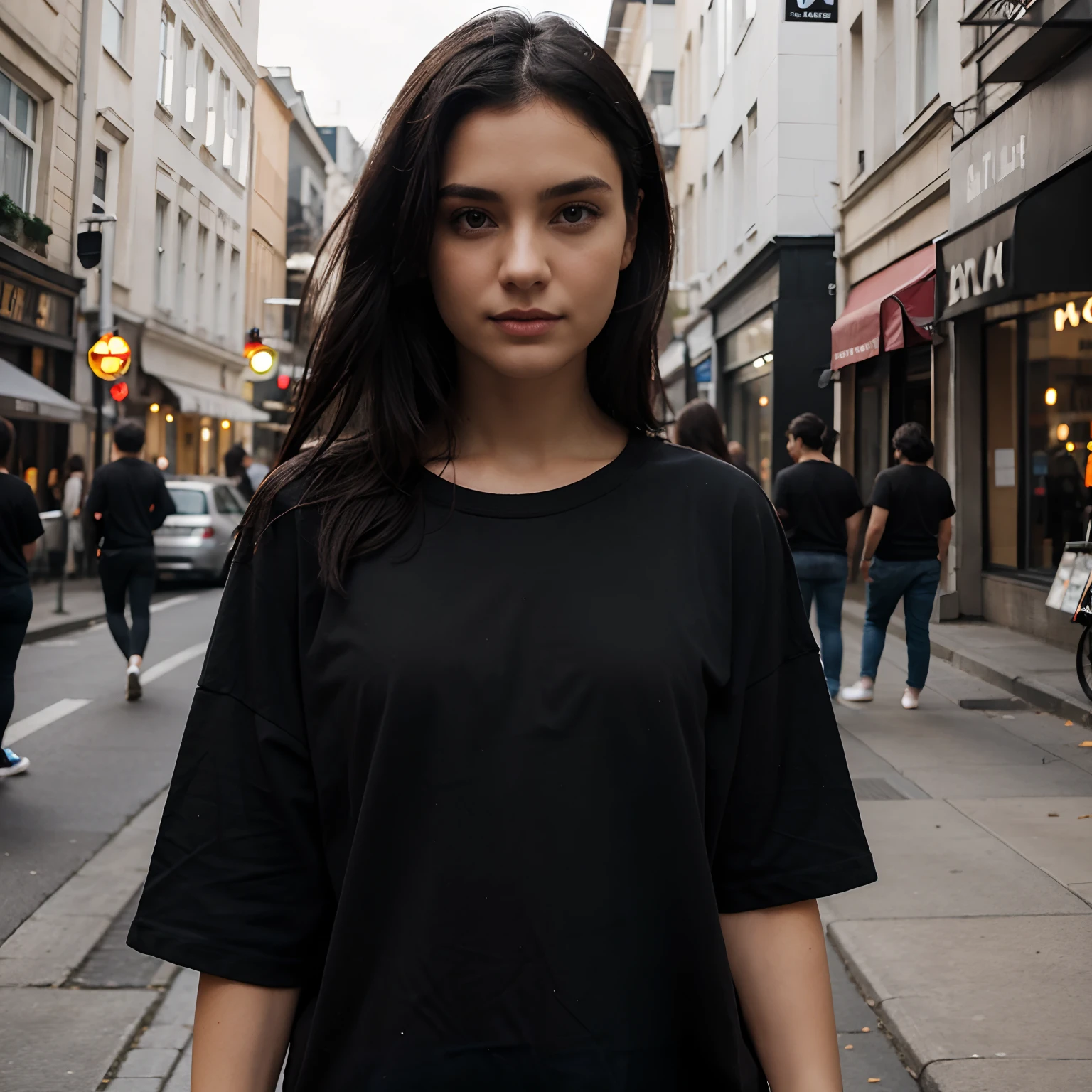a black T-shirt　A dark-haired　Street style
