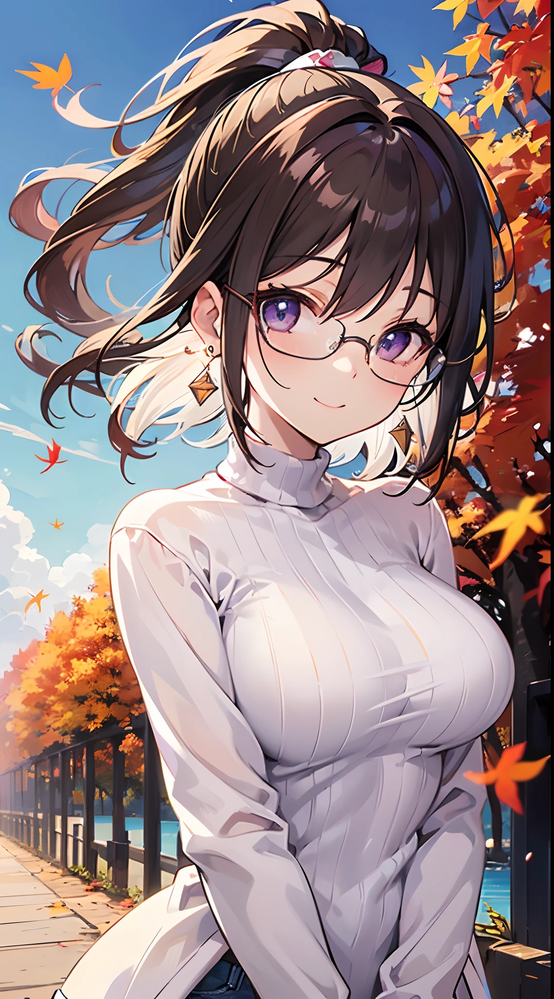((masutepiece)), ((Best Quality)), (Ultra-detailed), ((kawaii)), Cute, (lovely), ((Sexy)), (Ero), ((Extremely detailed)), 4K, (8K), Best Quality, (Beautiful), Anime style, Upper body, full body focus, Autumn, Cute little girl s, 1girl in, Solo, Sweaters, jeans, Beautiful dark brown hair, Beautiful purple eyes, ((Beautiful eyes with highlights )), White-skinned, Ponytail, Transparent hair, translucent hair, large full breasts, Glasses, earrings, Smile, Wind-effect, reflection effect