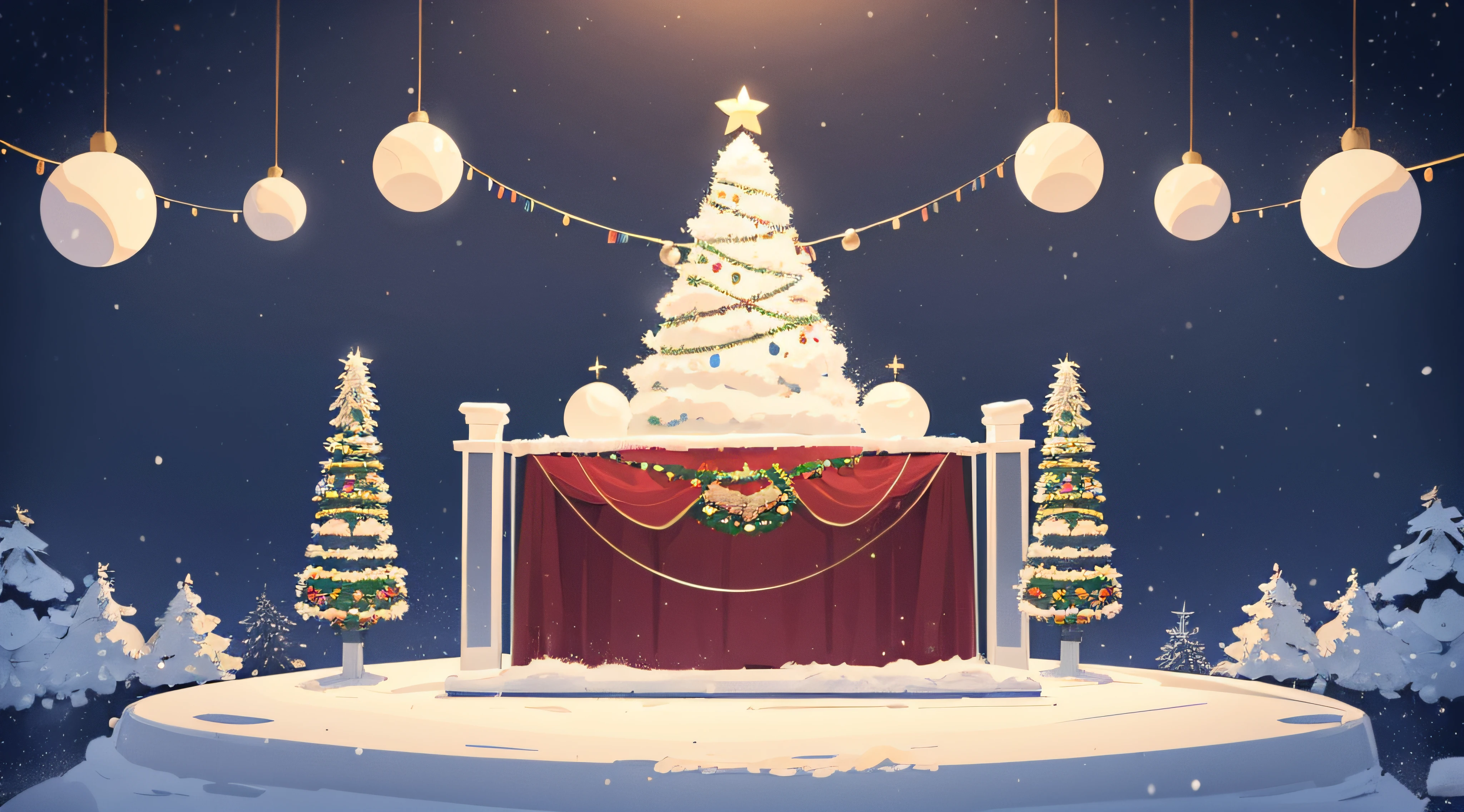 Christmas background with cylindrical podium for promotions. Round stage for presentation sale product. Stage pedestal or platform in snow between Xmas trees, glass balls hanging. Vector illustration