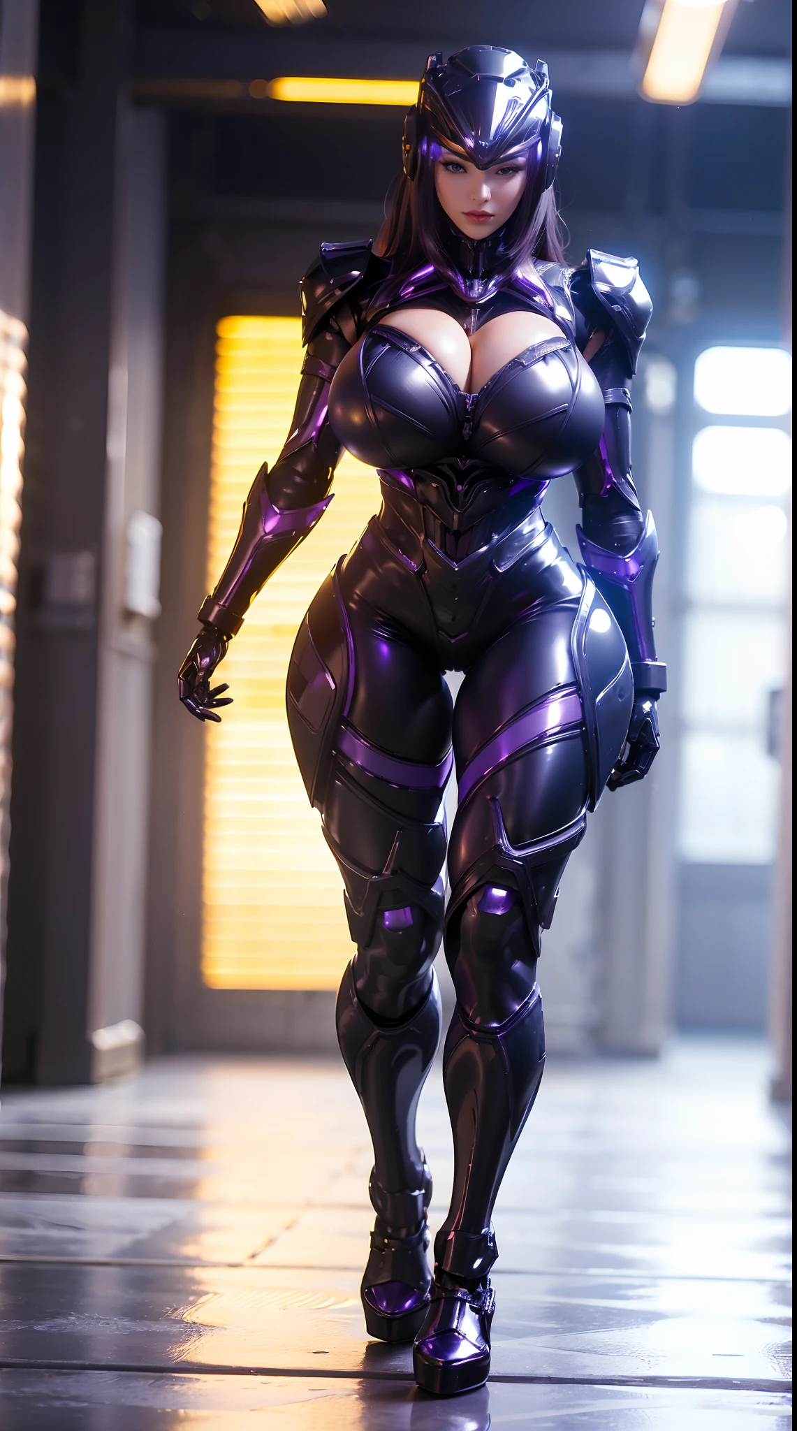 (1GIRL, SOLO), (super detailed face), (mecha headwear:1.3), (BIG BUTTOCKS, MUSCLE ABS, HUGE BOOBS:1.5), (MECHA GUARD ARM:1.3),(PURPLE,BLACK, SHINY MECHA CYBER ARMORED SUIT, CLEAVAGE, MECHA SKINTIGHT SUIT PANTS, DIAMOND CORE IN ARMOR, MECHA GUARD ARMOR LEGS, MECHA HIGH HEELS:1.5), (MUSCULAR BODY, SEXY LONG LEGS, HALF BODY:1), (LOOKING AT VIEWER:1.3), (famale focus:0.786), (WALKING DOWN HALLWAY OF FUTURISTIC SPACE STATION:1), (BRIGHT LIGHTING:1.3), PHYSICALLY-BASED RENDERING, ULTRA HIGHT DEFINITION, 16K, 1080P.