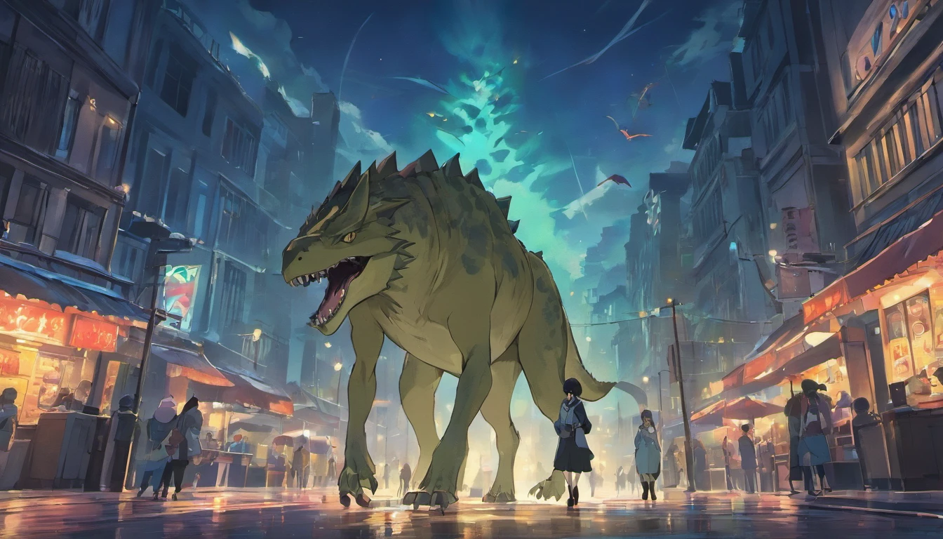 Dinosaurs carry wolves，the city street，nigth，