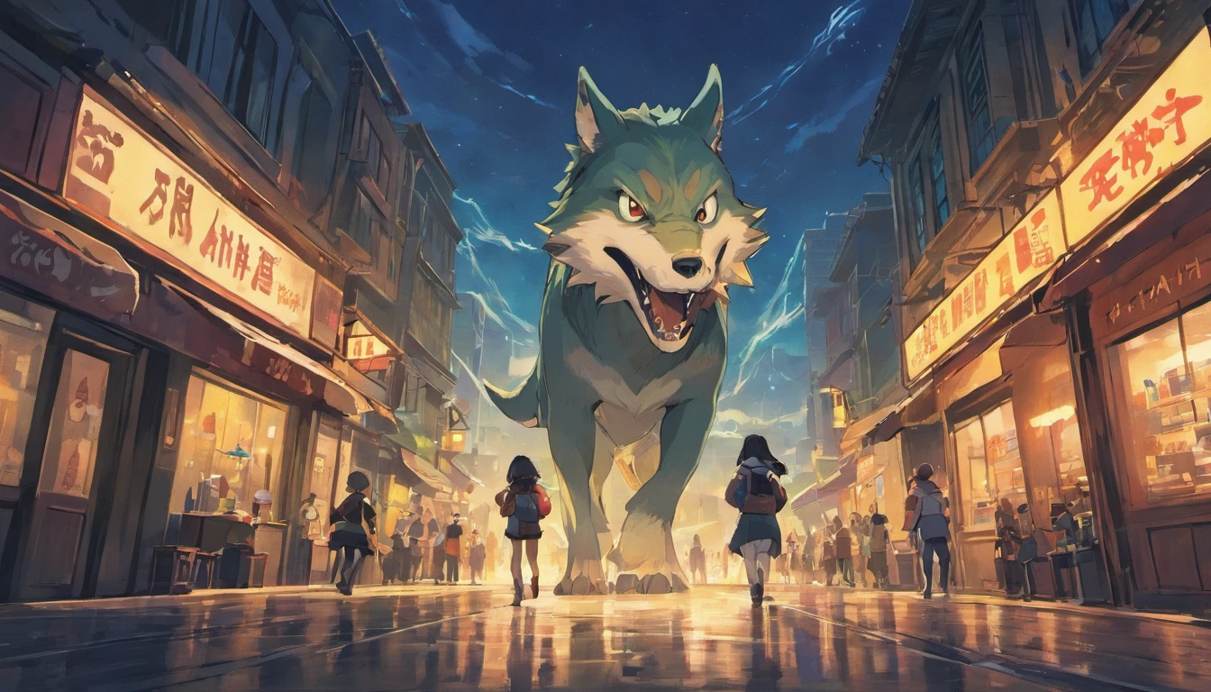 Dinosaurs carry wolves,the city street,nigth,