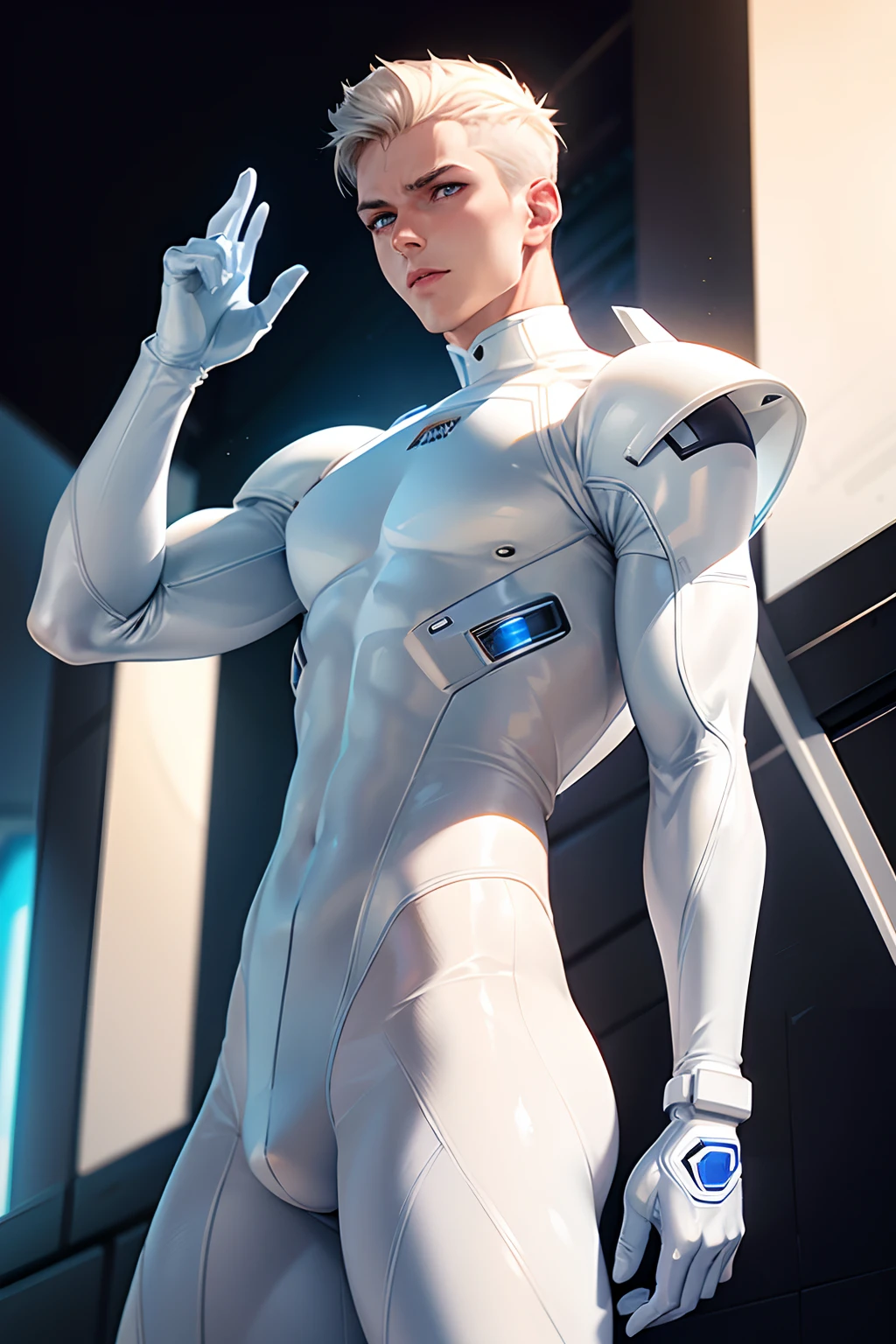 (White tight body suit), masterpiece, futuristic suit, gloves, white gloves, skin tight bodysuit, toned male, ager, young male, beautiful face, bodysuit, (futuristic), (sci fi suit), toned male, bulge, shoulder guard, neck guard, blue eyes, tight white gloves, white skin, boots, armour, futuristic mask, sexy pose