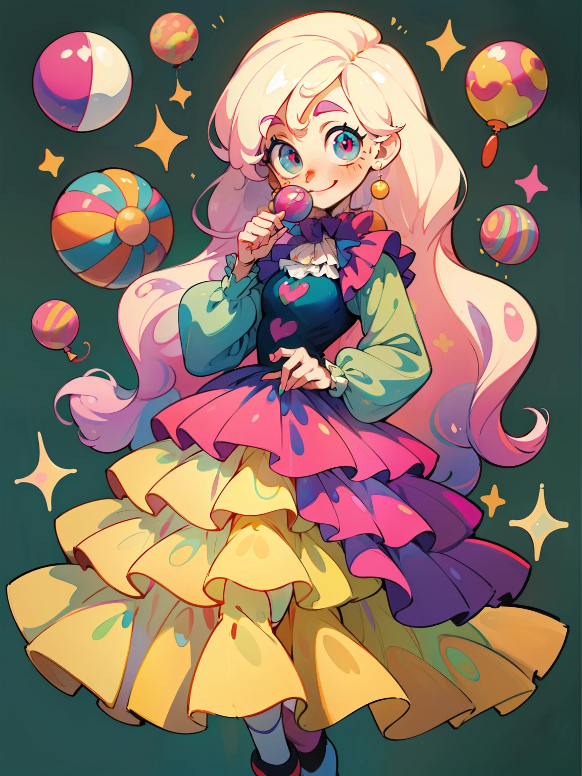masterpiece, best quality, 8k resolution, sharp focus, intricate detail, beautiful girl, sparkling eyes, golden ratio face, otherworldly liquid, watercolor, pastel colors, bright colors, whimsical, colorful, sharp focus, high resolution, fine detail, ((short puffy long sleeve clown dress)), ((thigh high mismatched socks)), ((round eyes)), iridescent bubbles, fantasia background Character design sheet of a clown girl, finely detailed, (best quality), (intricate details), multicolored, long blue and pink curly hair, best quality, beautiful face, smirk, full body, pinup, perfect face, holding enormous, oversized balloon. colorful balloon, simple background.