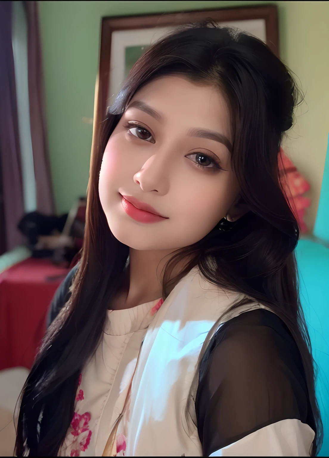 27 year girl black saree realistic face background change home background