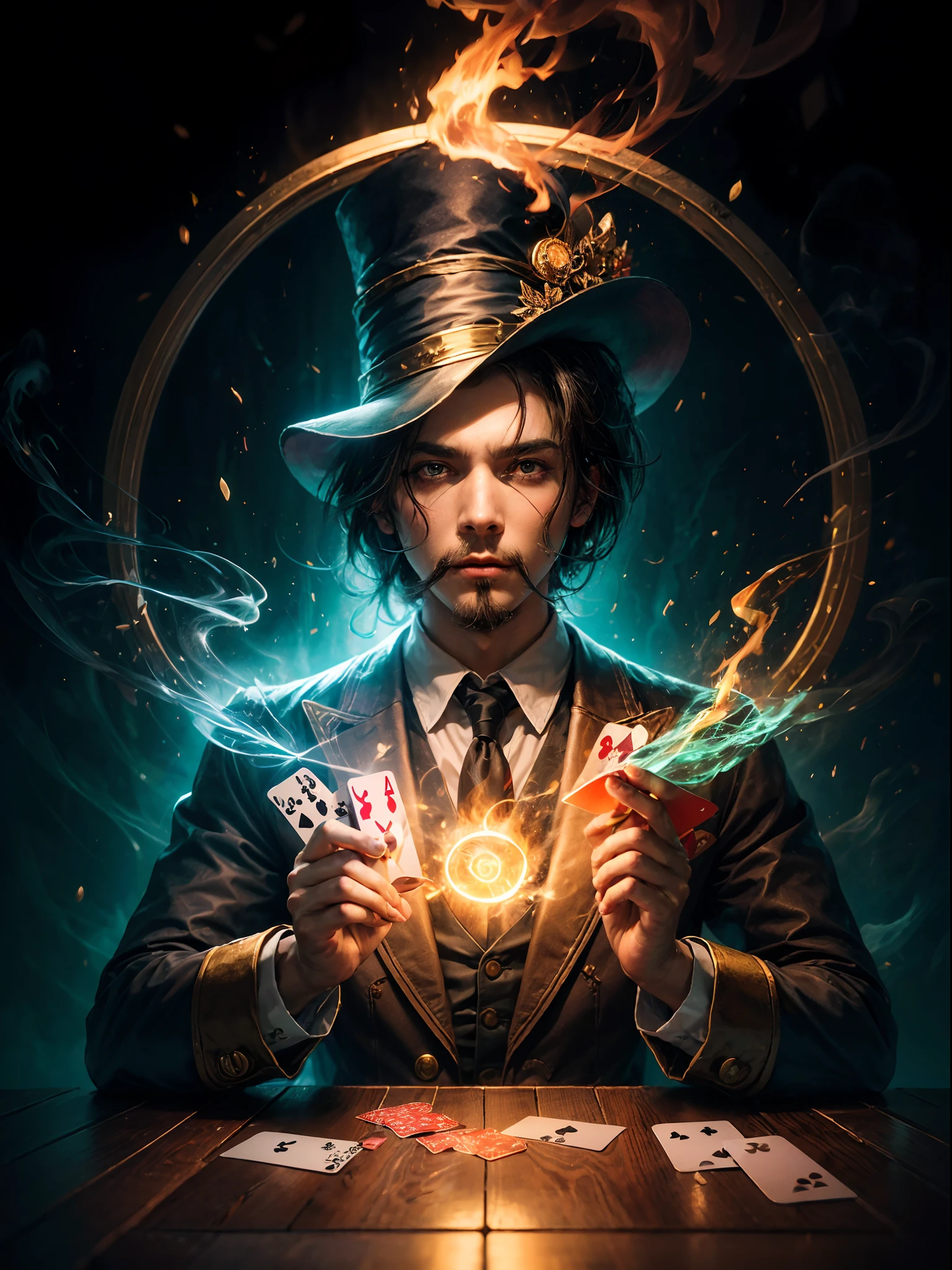 Magician play with the deck cards, create an green spell circle at background, green fire smoke, magical elements, magical stick, best quality, 24K FHD resolution, magician detailed portrait, masterpiece