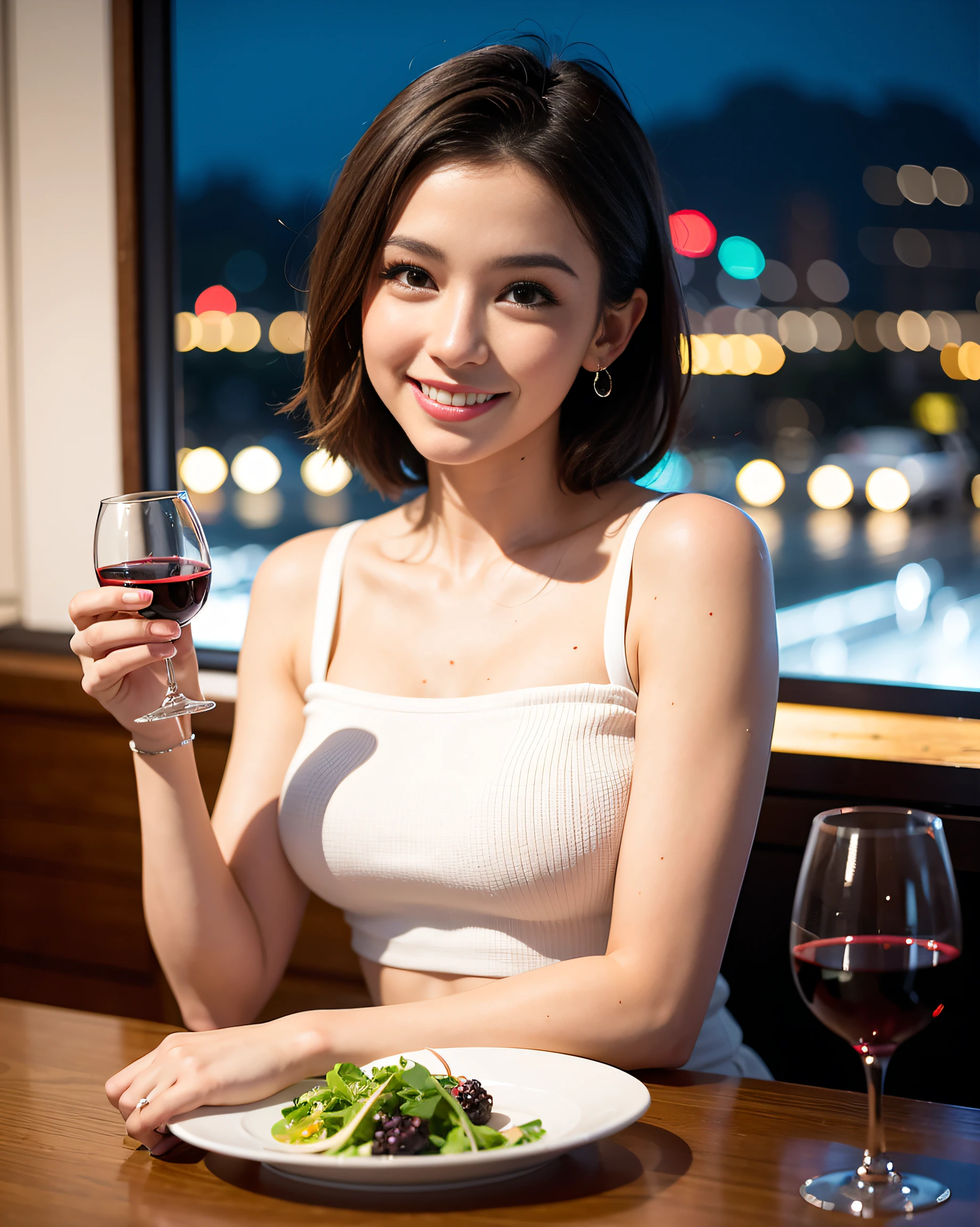 (64K, UHD, top quality, masterpiece: 1.2), (realistic, photorealistic: 1.37), super detailed, pretty woman 1 person, (slim face), (slim body), (brown hair), (short cut), cheeks slightly blushing, (44 years old), 38 years old, solo, beautiful detailed urban night view outside the window, restaurant, wine glasses sit, at night, in a prominent placeNovaFrogStyle, Actress, Model, Waist Up, White Wine, Slim, Wine Glass, Super Clean Night View, Wine Glass Put in the Middle, Happy Smile, (Smile: 1.15), Beautiful Fine Eyes, Upper Body, Bust Japan Up, Night, Short, Short, Actress, Model, Waist Up, White Wine, Slim, Wine Glass, Super Clean Night View, Wine Glass Put in the Middle, Happy Smile,