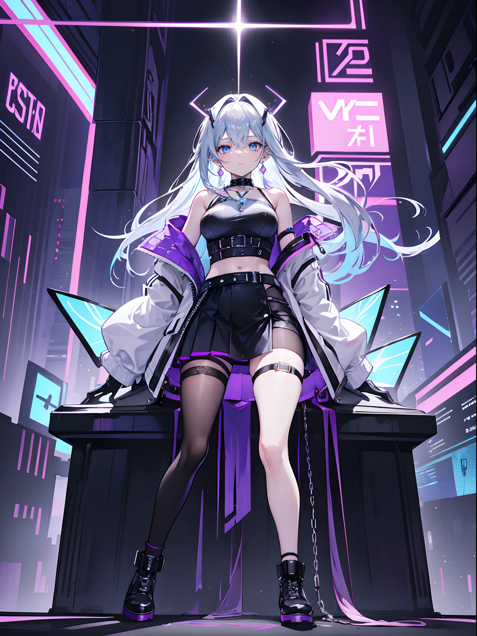 cyber punk style,Cool handsome type,4K,High-quality characters,Best quality at best,Super rich detail,hight contrast,the sideview,Cool light source,Block architecture diagram,the night,Neat and colorful building facilities and buildings,The complexion is very fair,Girl body type,1个Giant Breast Girl,Small,Thin waist,Exquisite facial features,Incredibly accurate human perspective,A radiant face,Delicate gradient hairstyle,Short light blue side hair,Heterochromic pupils,Red-purple pupils,Silver earrings,Light blue collar and necklace,Light blue bracelet bracelet,Short gloves,Holding a white cell phone,Lilac paneled crop top,White off-the-shoulder coat,Black prismatic lock belt at waistband,Silver waist chain,Black and purple paneled pleated skirt shorts,White edges,Black fishnet knee-length socks,Black waist pantyhose,Love buckle leg ring,Light blue anklet anklet,Delicate black mid-barrel lace-up boots,Stand on the top of a tall building and look out at the city,Crossed waist with one hand,