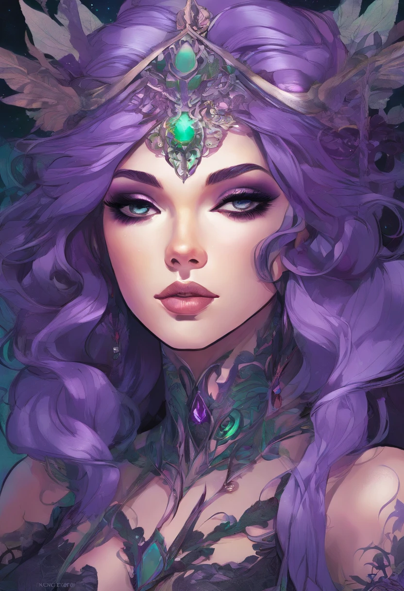 Close up of a woman wearing purple hair and purple glowing eyes, Glowing green pumpkin, lois van baarle and rossdraws, artgerm and lois van baarle, artgerm and rossdraws, rossdraws cartoon vibrant, a beautiful succubus, Ross Tran style, rossdraws 2. 5, inspired by Ross Tran, halloween art style, Extremely detailed Artgerm