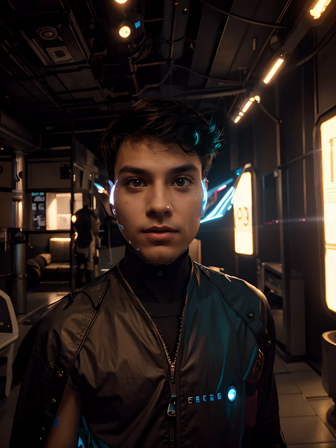 Boy with coffee change night background lighting futuristic cyber punk masterpiece it care real face ultra realistic details masterpiece