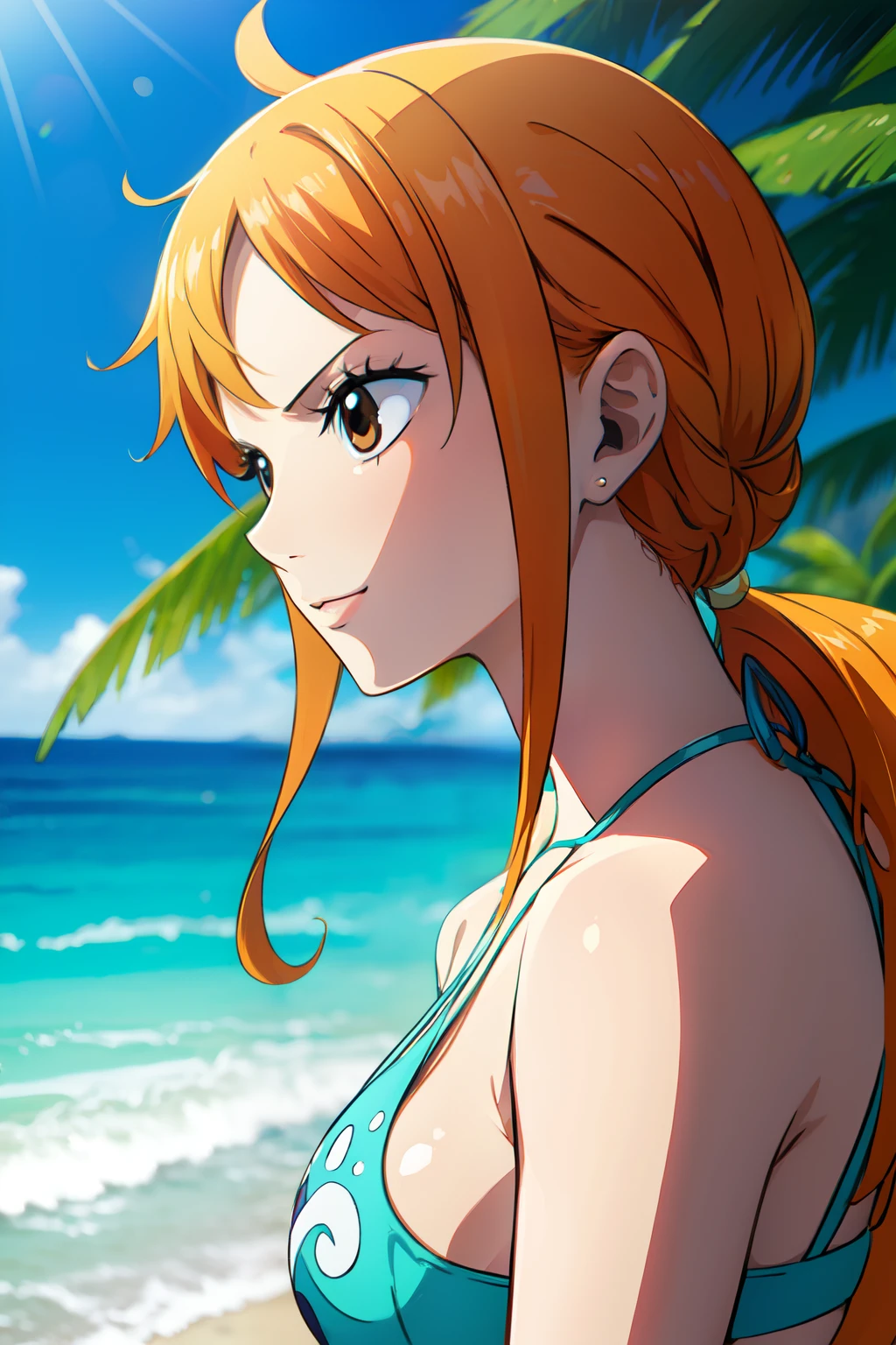 tmasterpiece, hoang lap ,(Complicated details),(golden hair) Orange hair,(rich colourful), cinmatic lighting, Bust, the Extremely Detailed CG Unity 8K Wallpapers,(swim wears:1.5) , 1girll, Large breasts,cleavage,独奏, rays of sunshine,Be red in the face,ssmile,looks into camera,Close-up shot,sea beach,clouds,sandbeach,Greenery