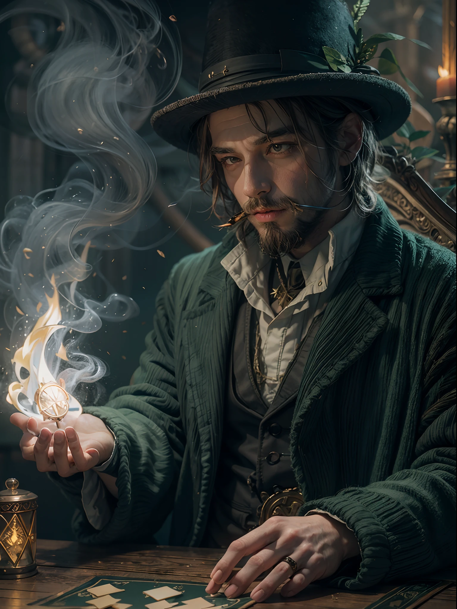 Magician play with the deck cards, create an green spell circle at background, green fire smoke, magical elements, magical stick, best quality, 24K FHD resolution, magician detailed portrait, masterpiece
