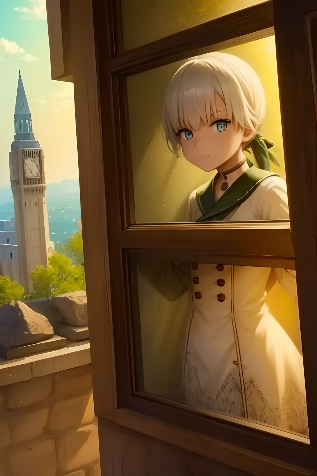 The character is on the window of a tower and staring into the viewer