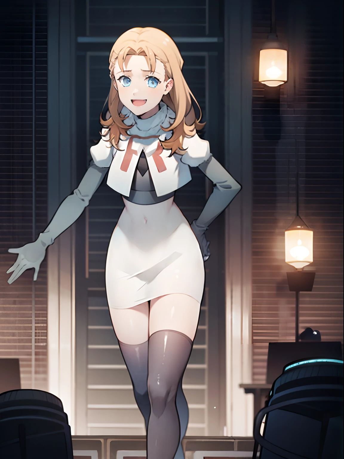 face of annette_war, 1girl, (on the stage), singing, crowd, microphone, evil smile, team rocket,team rocket uniform, red letter R, white skirt,white crop top,black thigh-highs,black elbow gloves
