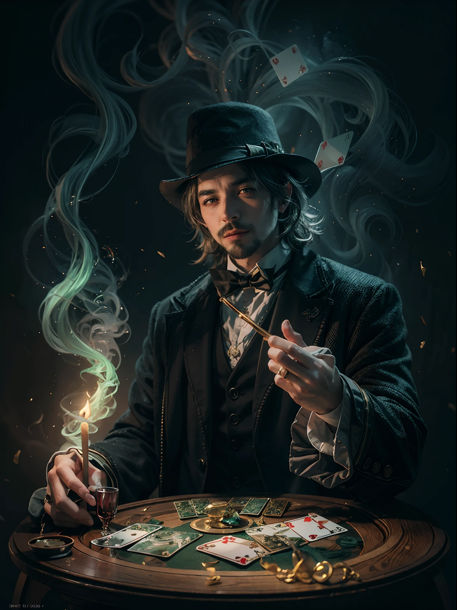 Magician play with the deck cards, create an green spell circle at background, green fire smoke, magical elements, magical stick, best quality, 24K FHD resolution, magician detailed portrait, masterpiece