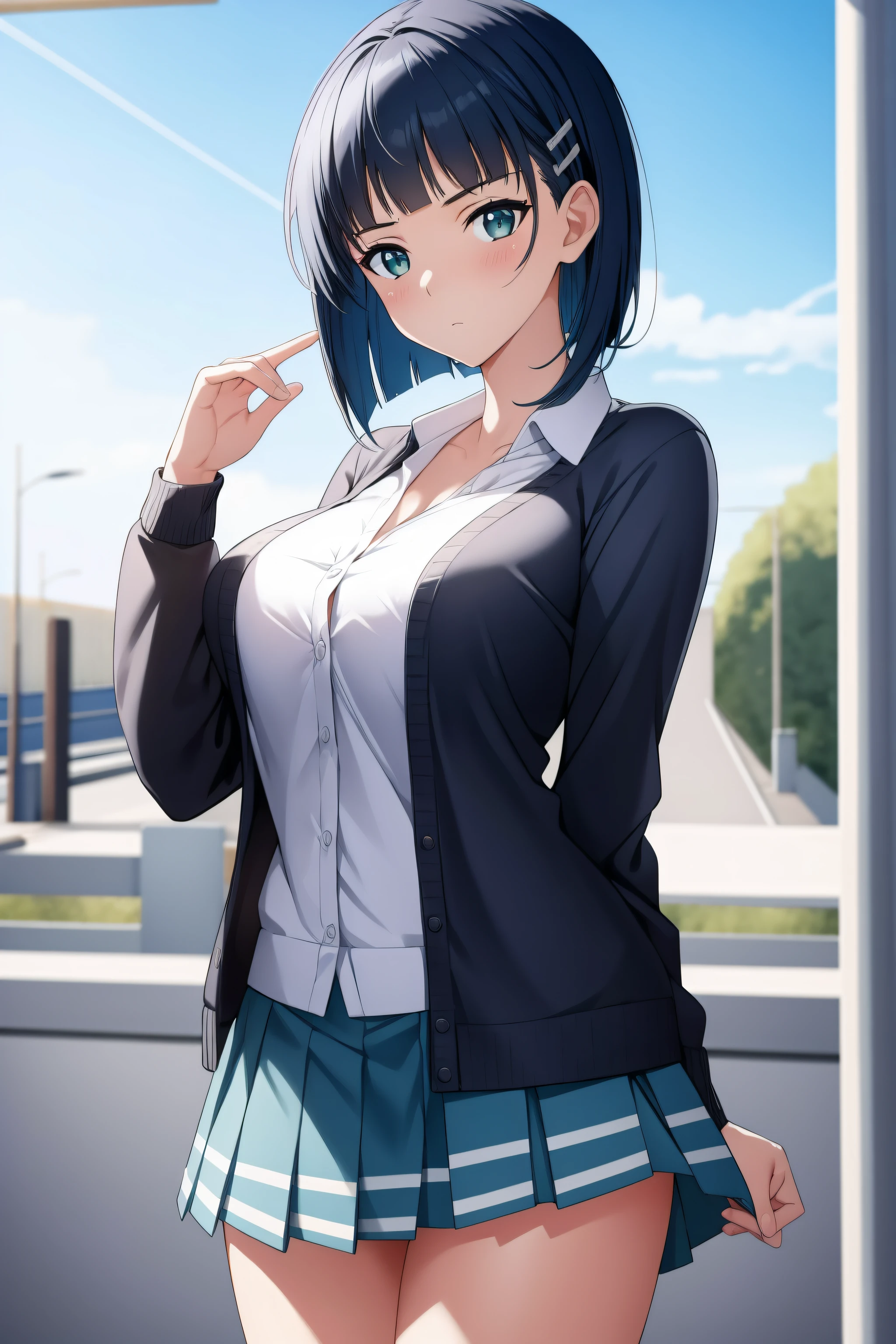 (day:1.7), sky background,a blue sky and clouds,
standing at attention,
green skirt, open cardigan, black cardigan,
aasugu, short hair, hairclip,
1 girl, 20yo,mature female,Beautiful Finger,Beautiful long legs,Beautiful body,Beautiful Nose,Beautiful character design, perfect eyes, perfect face,
(armpits, looking at viewer, arm up), (innocent_big_eyes:1.0),(expressionless:1.3),
NSFW,official art,extremely detailed CG unity 8k wallpaper, perfect lighting,Colorful, Bright_Front_face_Lighting,
(masterpiece:1.0),(best_quality:1.0), ultra high res,4K,ultra-detailed,
photography, 8K, HDR, highres, absurdres:1.2, Kodak portra 400, film grain, blurry background, bokeh:1.2, lens flare, (vibrant_color:1.2)
(Beautiful,medium_Breasts:1.4), (beautiful_face:1.5),(narrow_waist),(perfect hands, perfect anatomy),