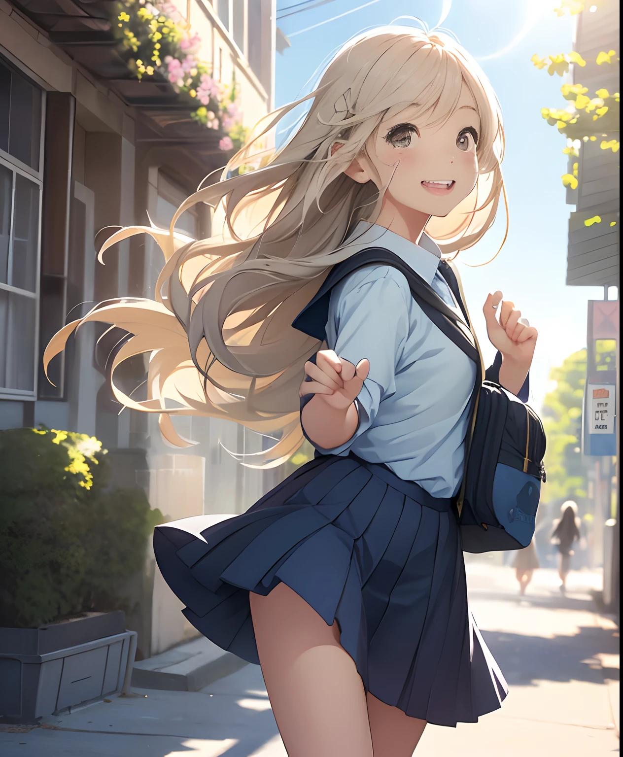 (On a bright spring day (day:1.0), under the clear blue sky (sky:1.0),
BREAK
a high school girl walks with her hair dancing lightly in the wind (hair:1.0). The image is softened at the edges, capturing the youthful and vibrant essence of the scene.
BREAK
Her smile, rendered in soft focus, illuminates the surroundings (smile:1.0) and her school bag symbolizes her passion for learning (school bag:1.0).
BREAK
Each stride she takes is full of energy (stride:1.0), and her light laughter rings through the air (laughter:1.7), encapsulated perfectly with the soft focus technique.
BREAK
The background is slightly blurred, emphasizing her in this springtime scene.
:1.2)