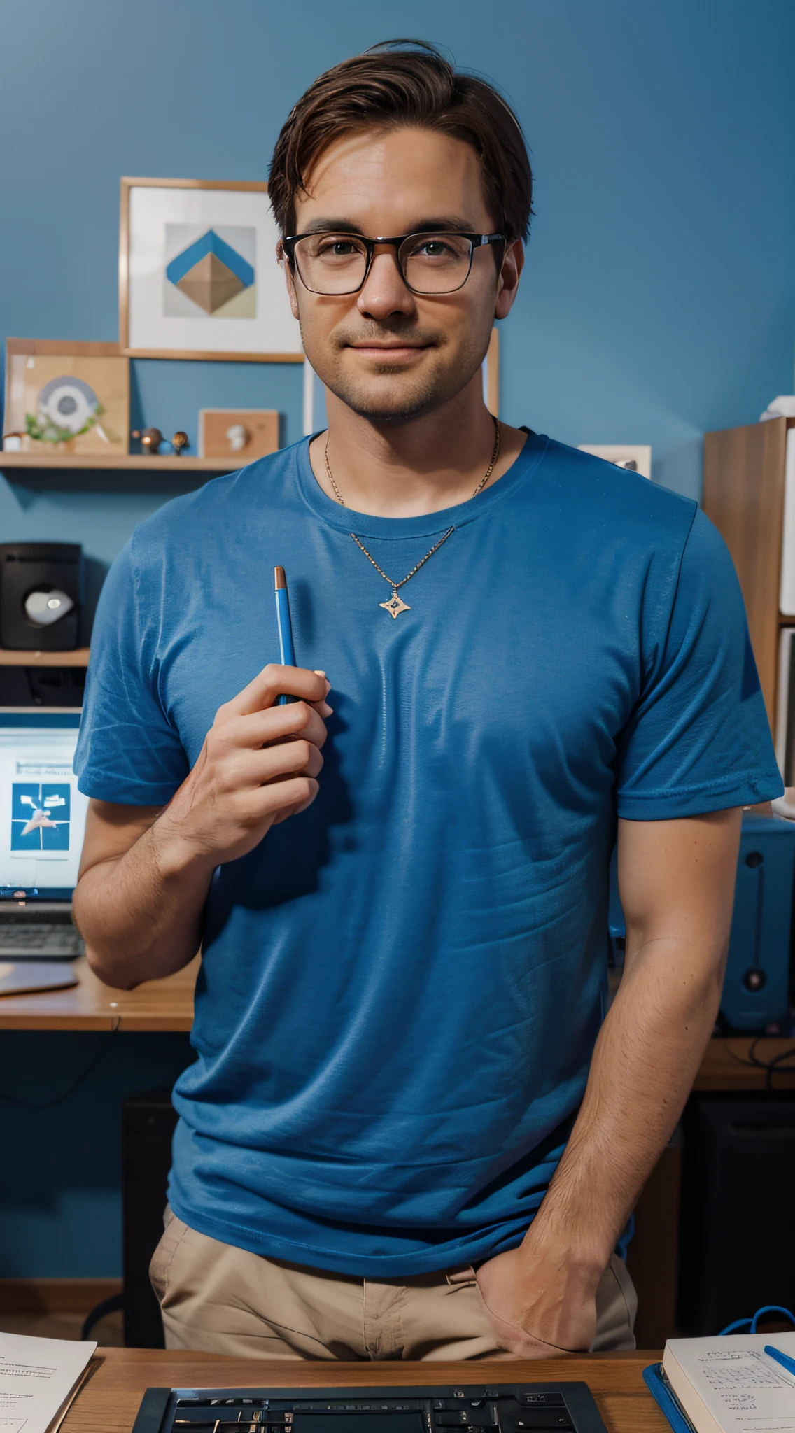 35 year old gentleman with brown hair, blue glasses and blue t-shirt. He stands confidently in front of the camera, with his desk and macbook in front of him, exuding a mix of approachability and self-assuredness. He is happy and smart. Behind him, a soft and inviting purple and blue background of home, creates a sense of whimsy and, wonder, like a realistic animation style. All is in 3d and this character is ready to embark on an exciting adventure or share story about tips of life. Also behind him some people that are working with computer. he is holding a make up pencil in his hand. 4k high quality, 4k details