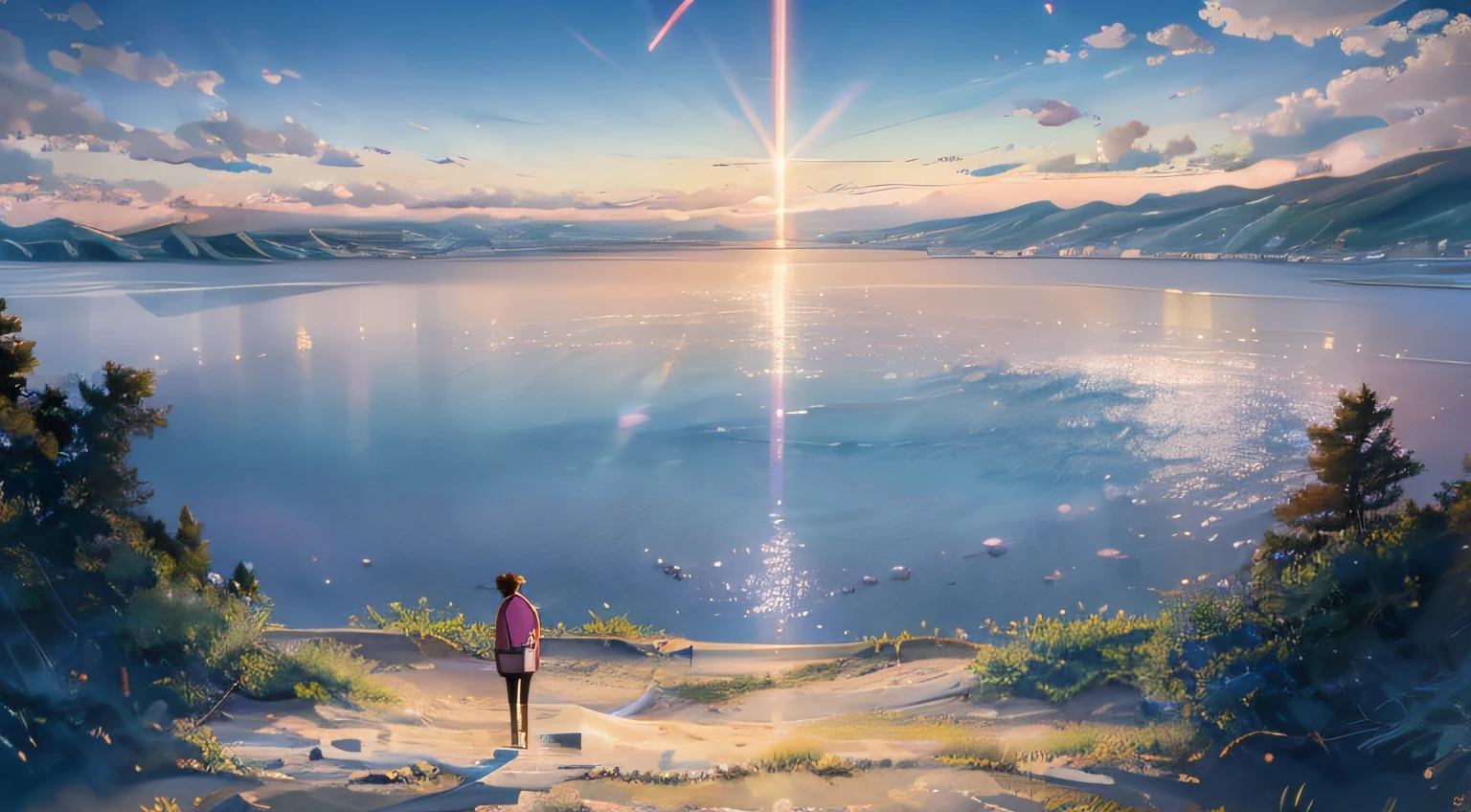 Surreal photos，Milky Way and Starry Sky，themoon，Pink fluorescent sea，Many fireflies in the light on the beach，The beach is covered with many pink garlic seas，People walk along the beach，And red flowers，glazing，4K，illusion engine，Octane translates on the other side of HD