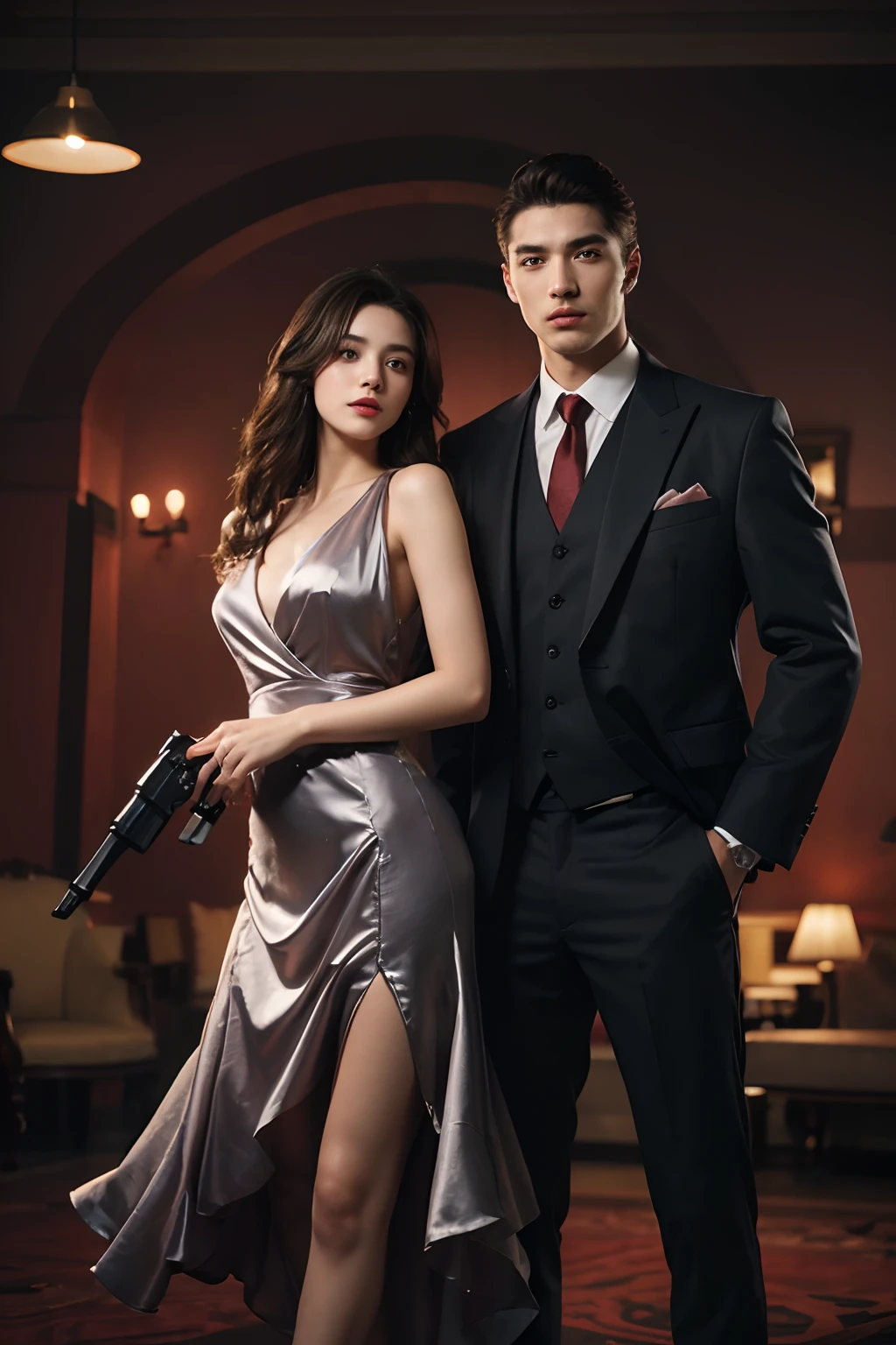 A man and girl,primitive, Masterpiece, ultra fine photos, Best quality, Ultra-high resolution, Realistic, Sunny, full-body portraits, Amazing man, Dynamic posture, exquisite face, Vibrant eyes, Very detailed background, Detailed face, detailed tidy background, Gorgeous, High detail skin, Realistic skin details, Visible pores, Clear focus, volume fog, 8K UHD, Digital SLR, High quality, filmgrain, Fair skin, Realism,(((Handsome man and beautiful girl:1.4)))
